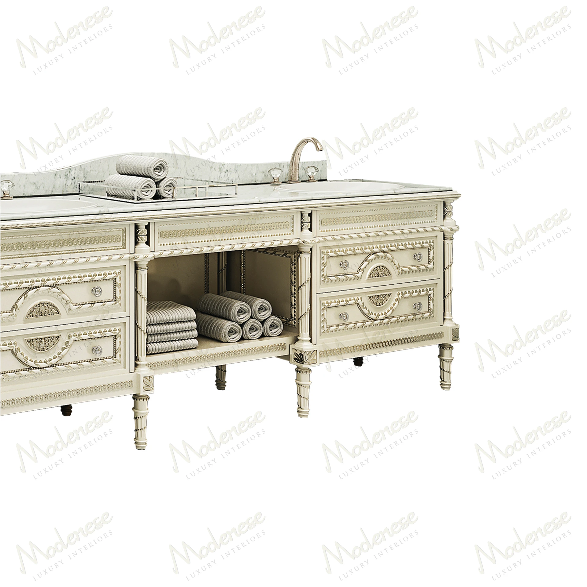 Elegant product with marble top, wooden structure, ivory lacquered finish, and silver leaf accents, showcasing a sleek, modern design..