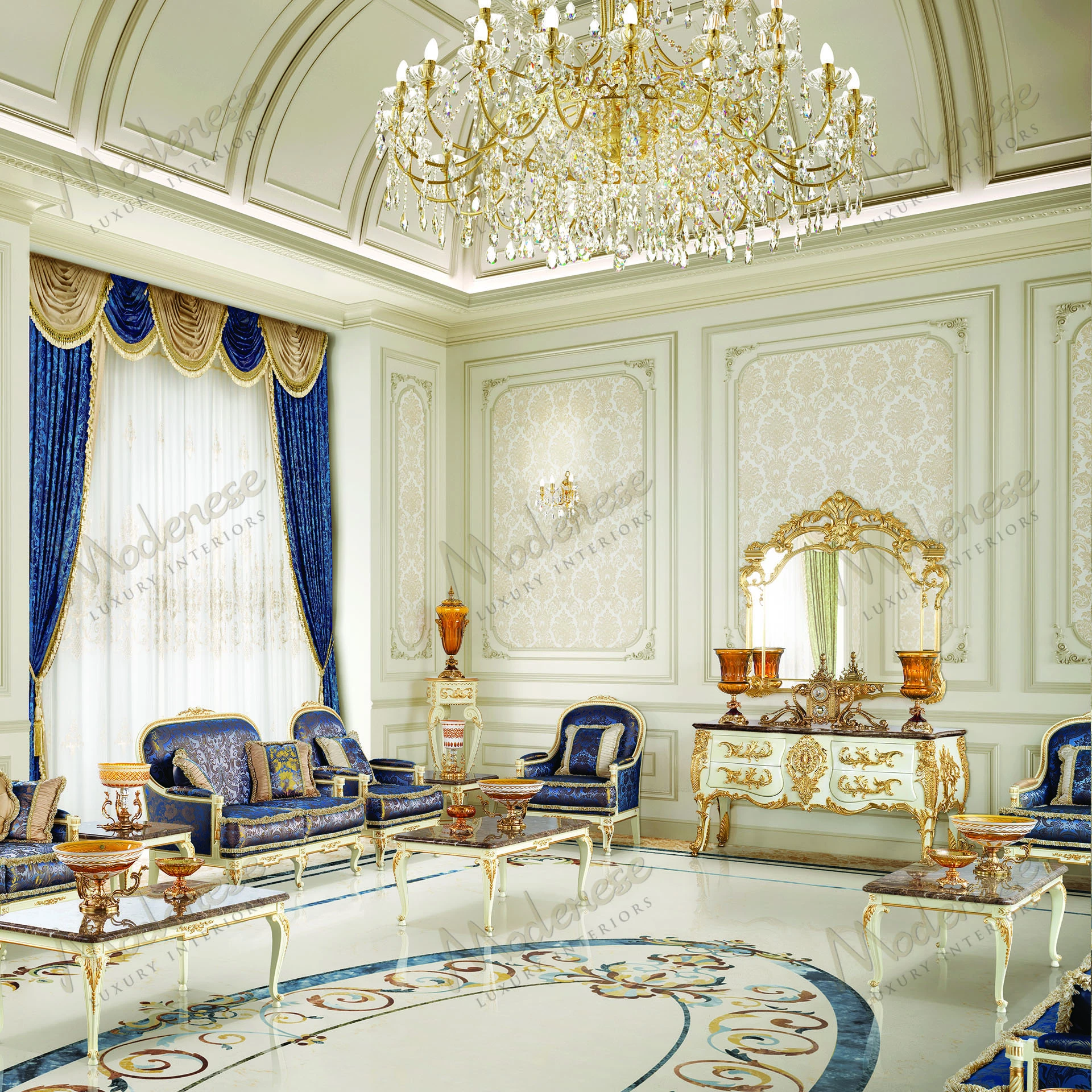 Midnight Moon Mirror with wooden structure and full gold leaf finish, reflecting a sleek aesthetic