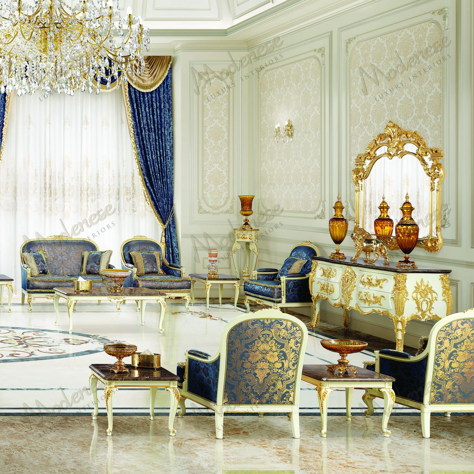 A luxurious Midnight Moon Mirror with a full gold leaf finish, reflecting light elegantly, designed for sophisticated interiors