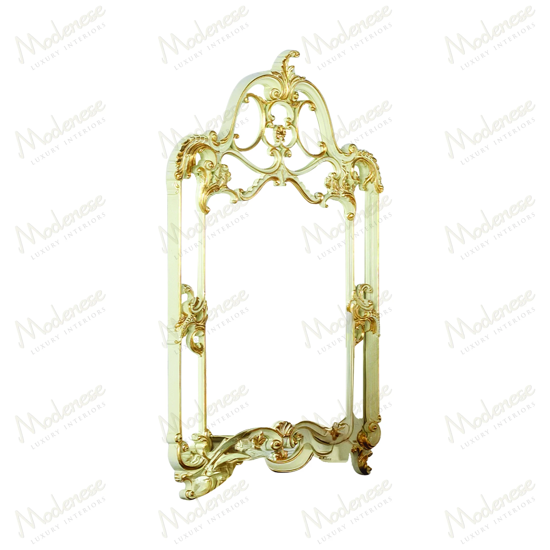 Elegant crescent-shaped mirror with a full gold leaf finish, reflecting light beautifully; perfect for adding a touch of sophistication to any room