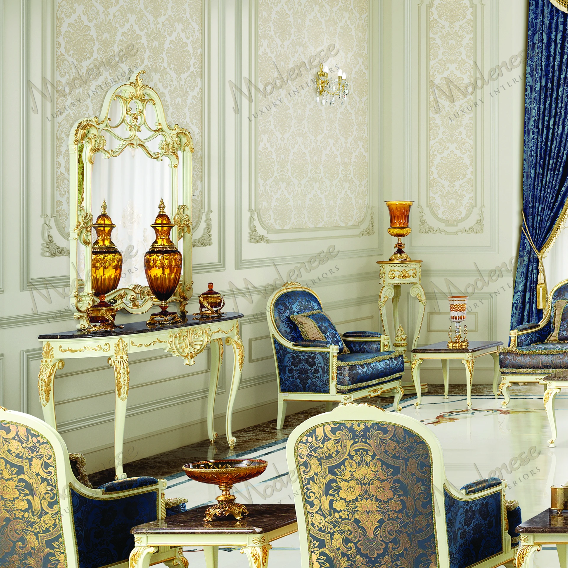 Elegant mirror with a crescent shape, wooden frame, and gold leaf finish Reflects light beautifully, offering a sleek, modern aesthetic