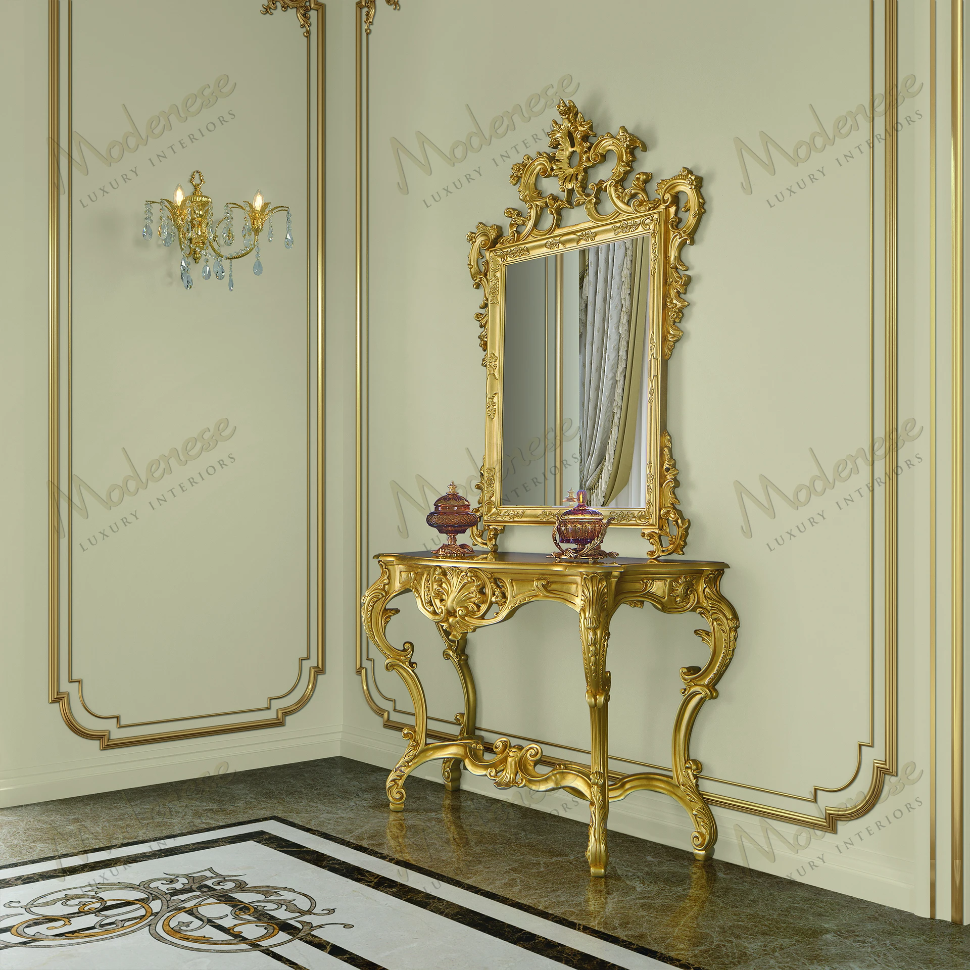 Shaped mirror with wood frame, full gold leaf finish, sleek design Reflects light beautifully, adding elegance and sophistication to any space