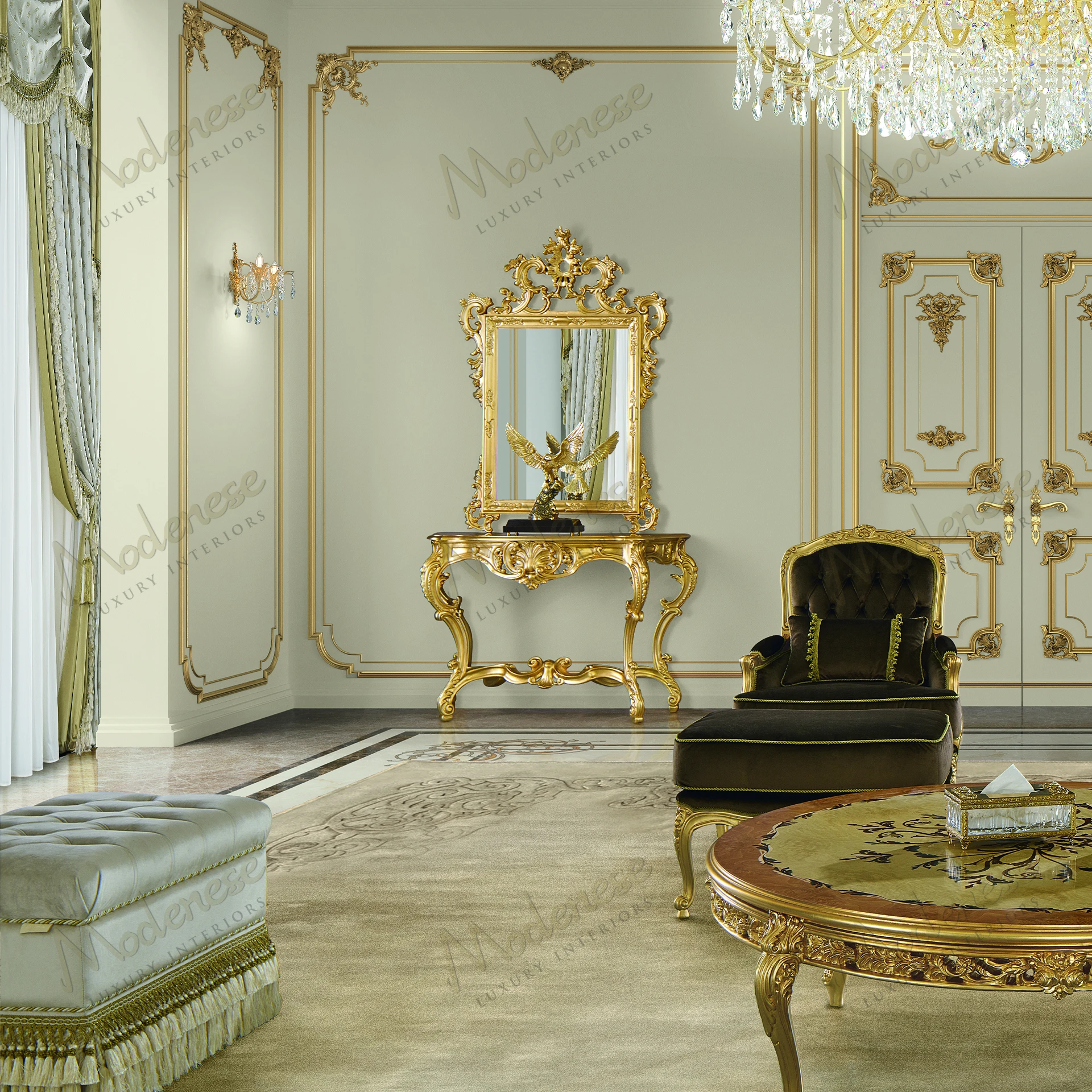 Ornate Royal Blend mirror with a full gold leaf finish, showcasing a luxurious and elegant design No fabric included