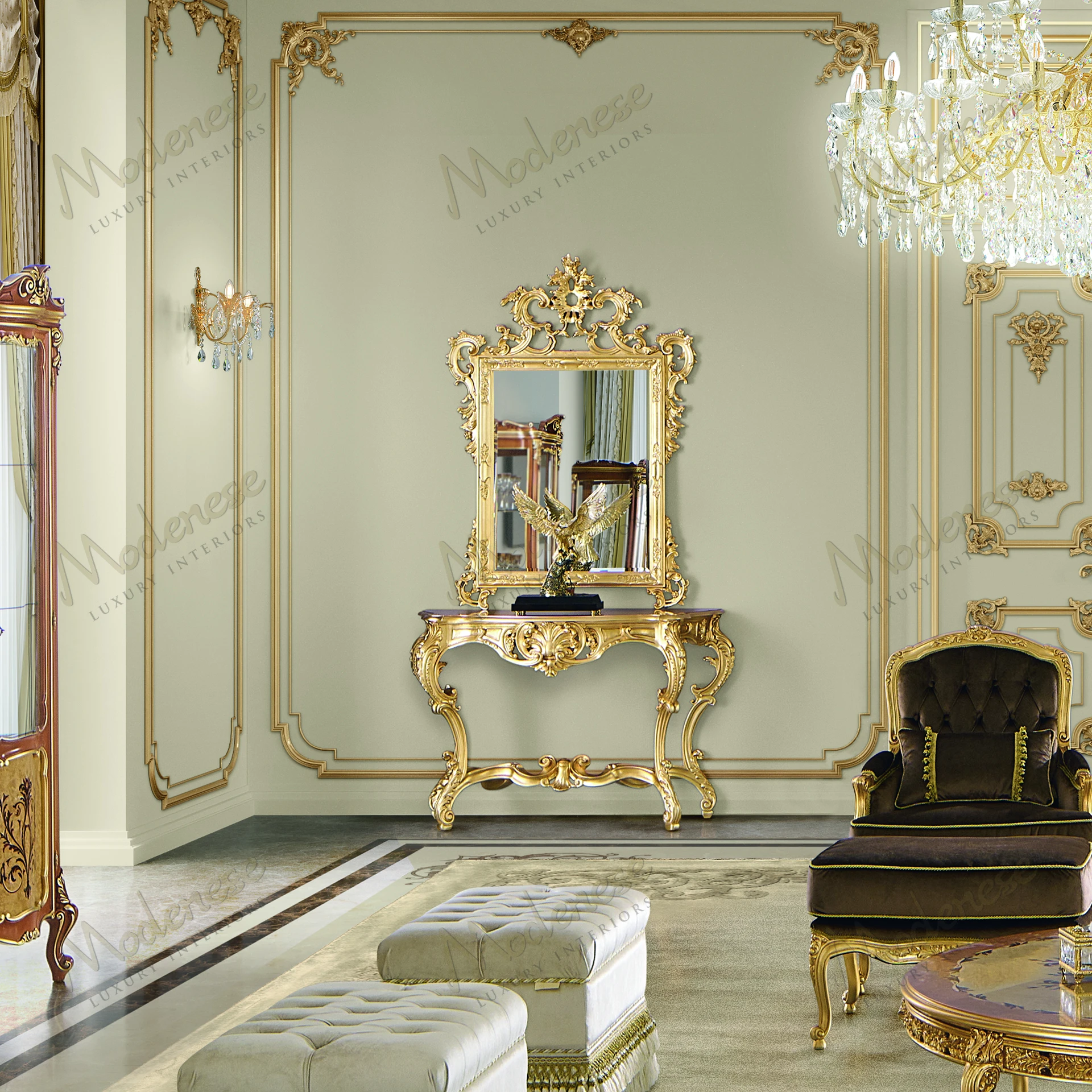 A gold leaf-finished Royal Blend Shaped Mirror with an artistic design, reflecting elegance and sophistication No fabric textures are present