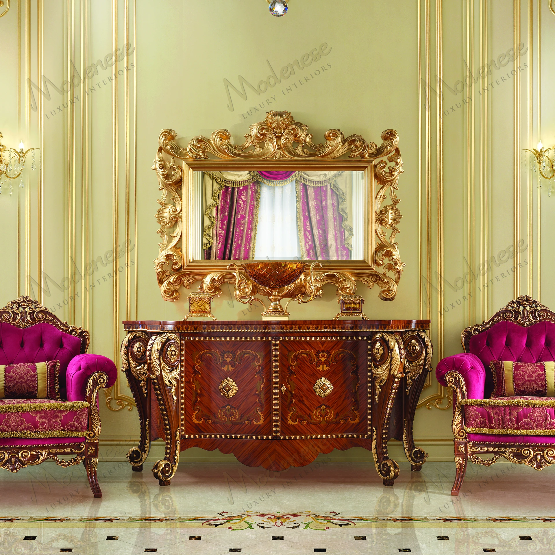 A sleek Rubino Delight Mirror with a wooden structure and full gold leaf finish, reflecting elegance and style