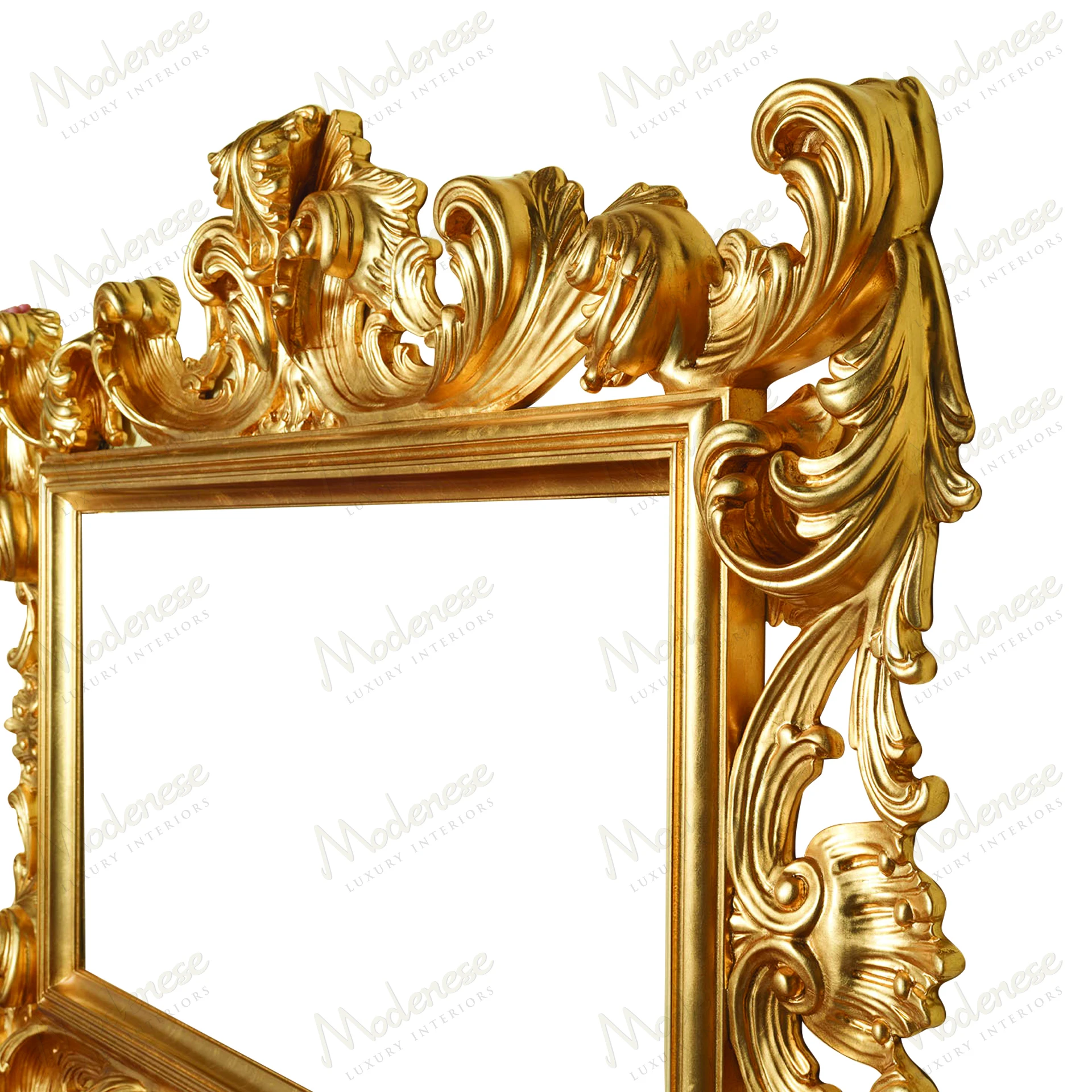 Gold-finished Rubino Delight Mirror with intricate design, elegant frame, reflecting light beautifully against a neutral background, enhancing room's sophistication