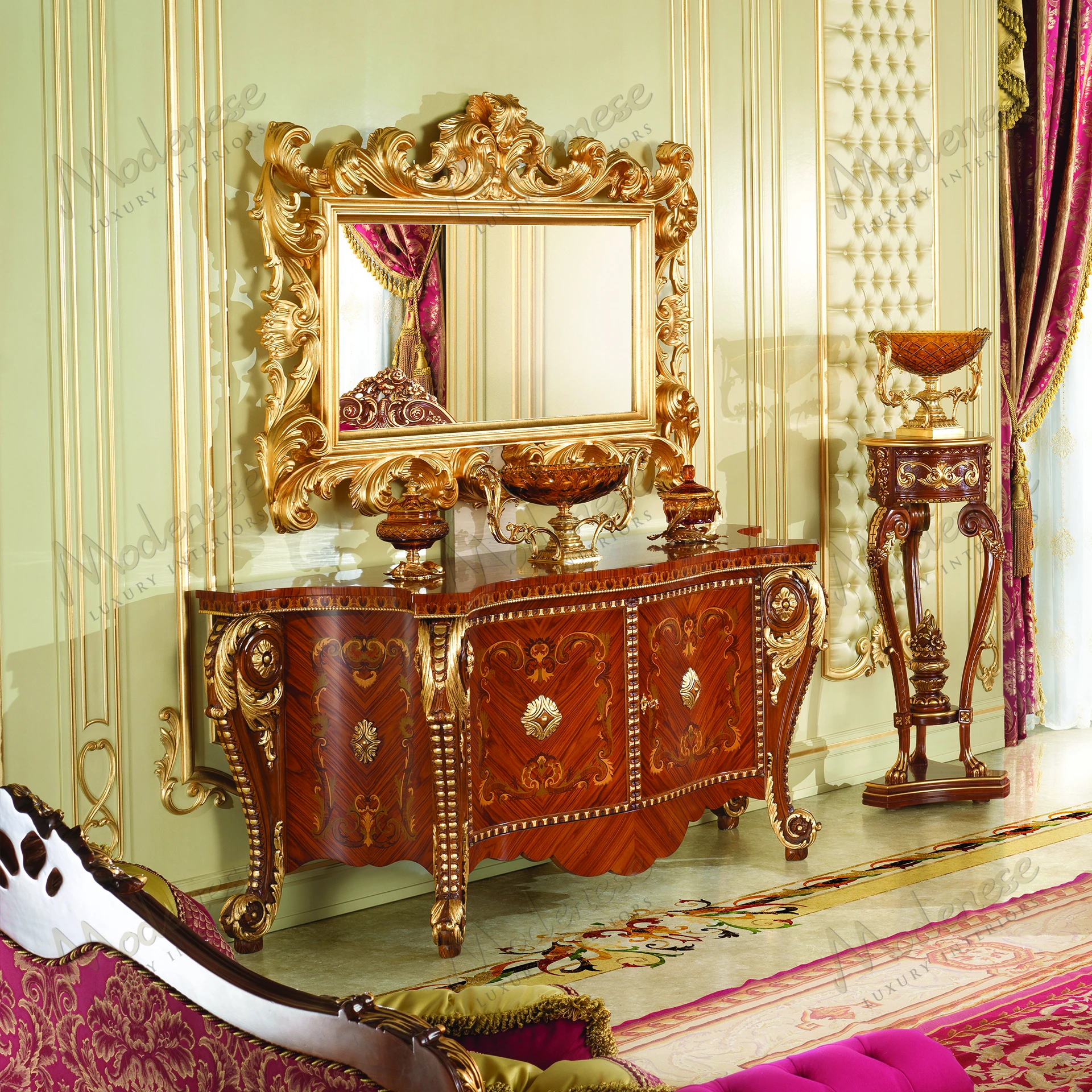 A luxurious Rubino Delight Mirror with a full gold leaf finish, reflecting elegance and opulence, enhancing any room's decor