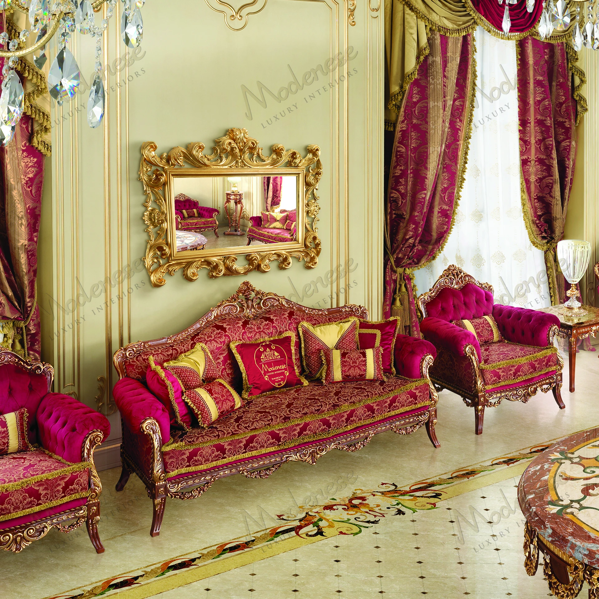 Elegant Rubino Delight Mirror with wood frame, full gold leaf finish, sophisticated style; no fabric Ideal for luxurious interior decor