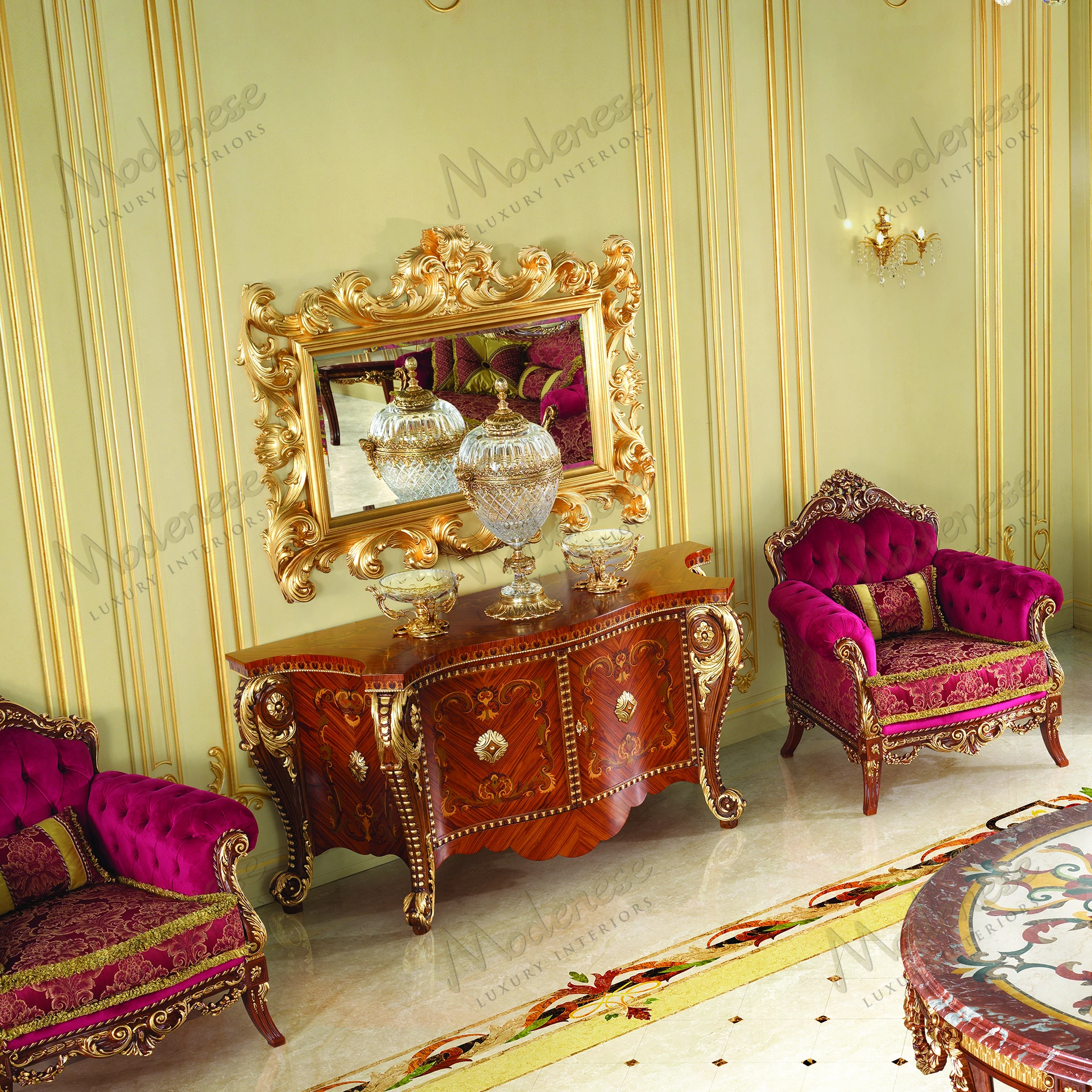 Elegant Rubino Delight Mirror with full gold leaf finish, featuring an intricate artistic design, no fabric textures Reflective and luxurious wall decor