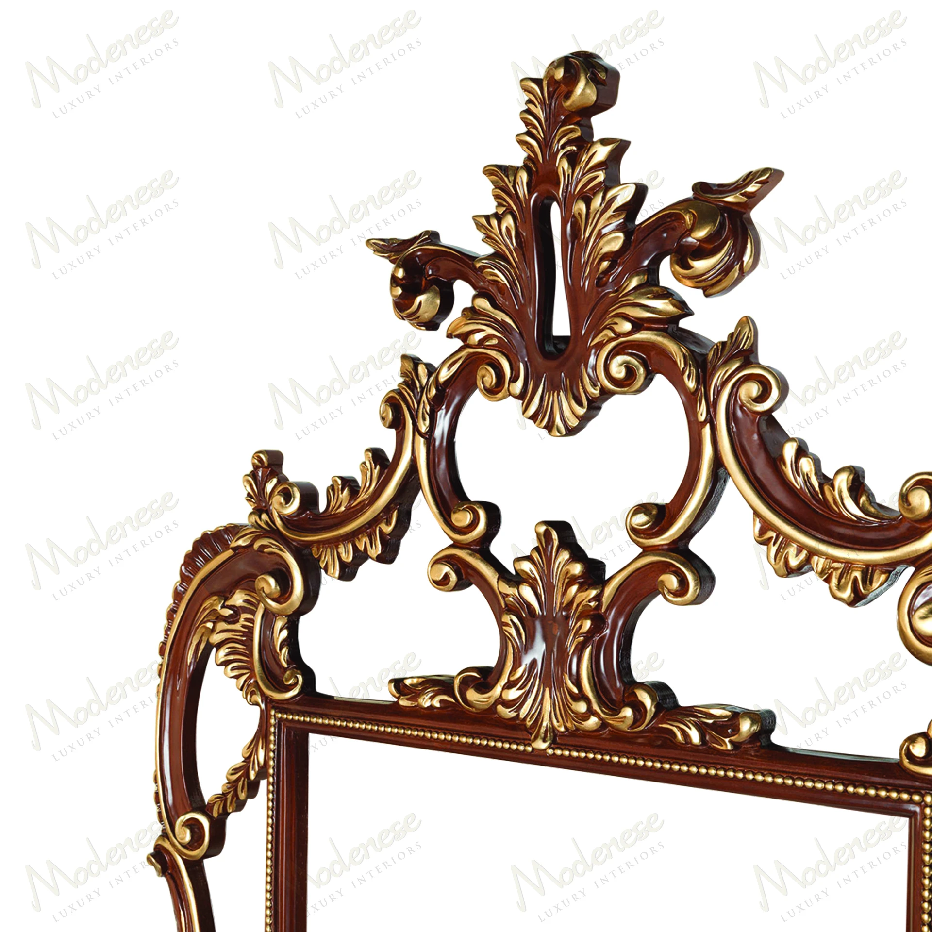 Elegant Rubino Delight Shaped Mirror with classic walnut finish and gold leaf details, showcasing a sophisticated design
