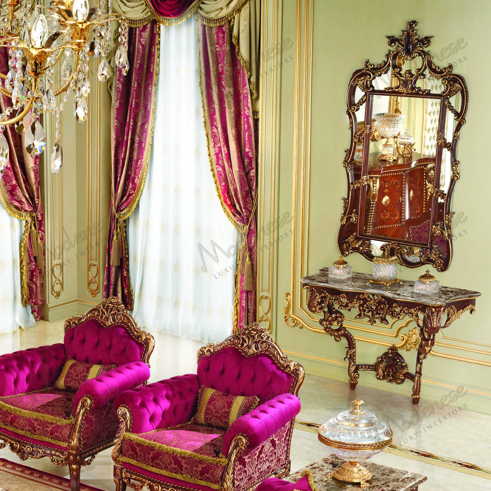 Oval wood mirror with classic walnut finish and gold leaf details, offering a sleek and elegant design