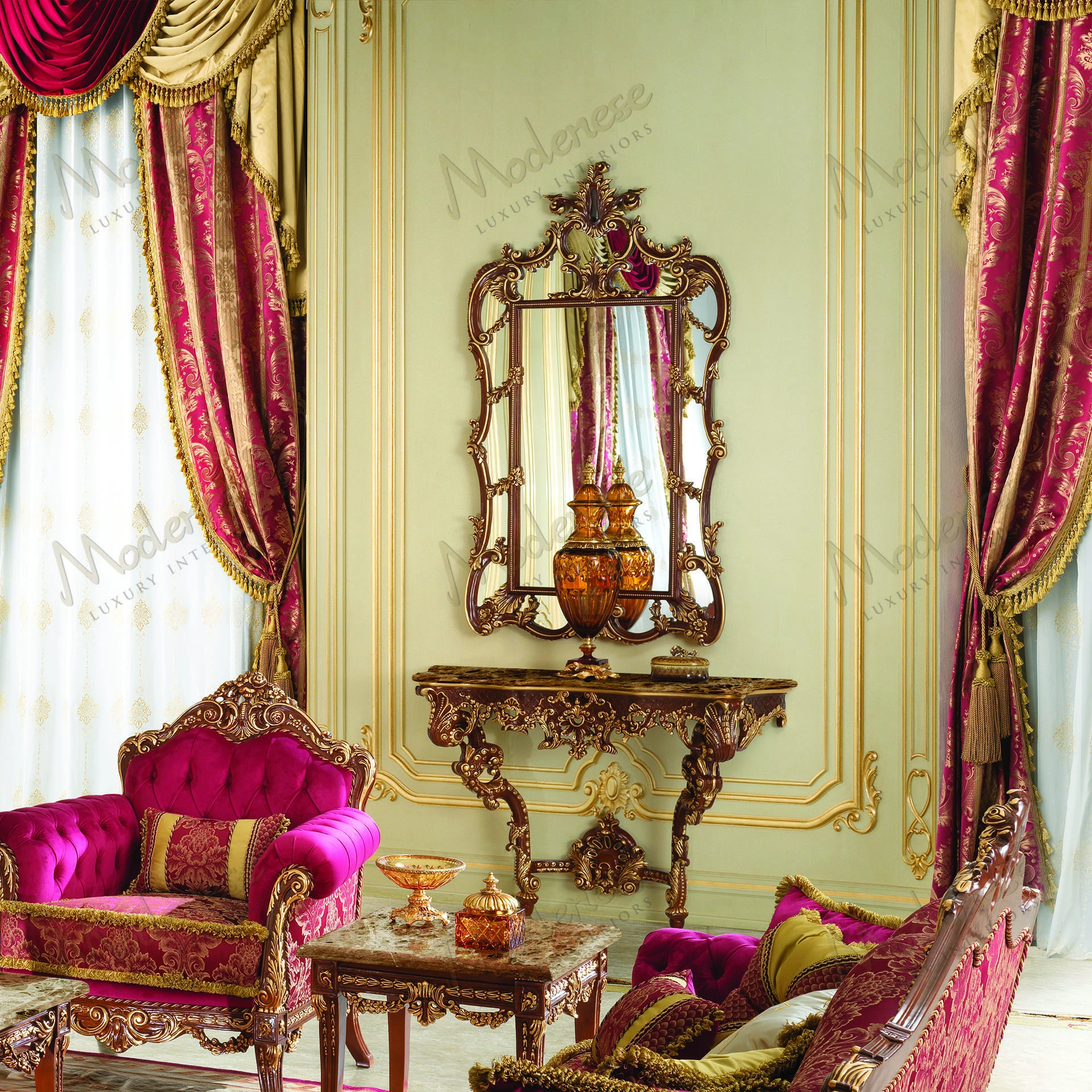 Elegant Rubino Delight Shaped Mirror with classic walnut finish, gold leaf details, no fabric, luxurious design Ideal for refined interiors