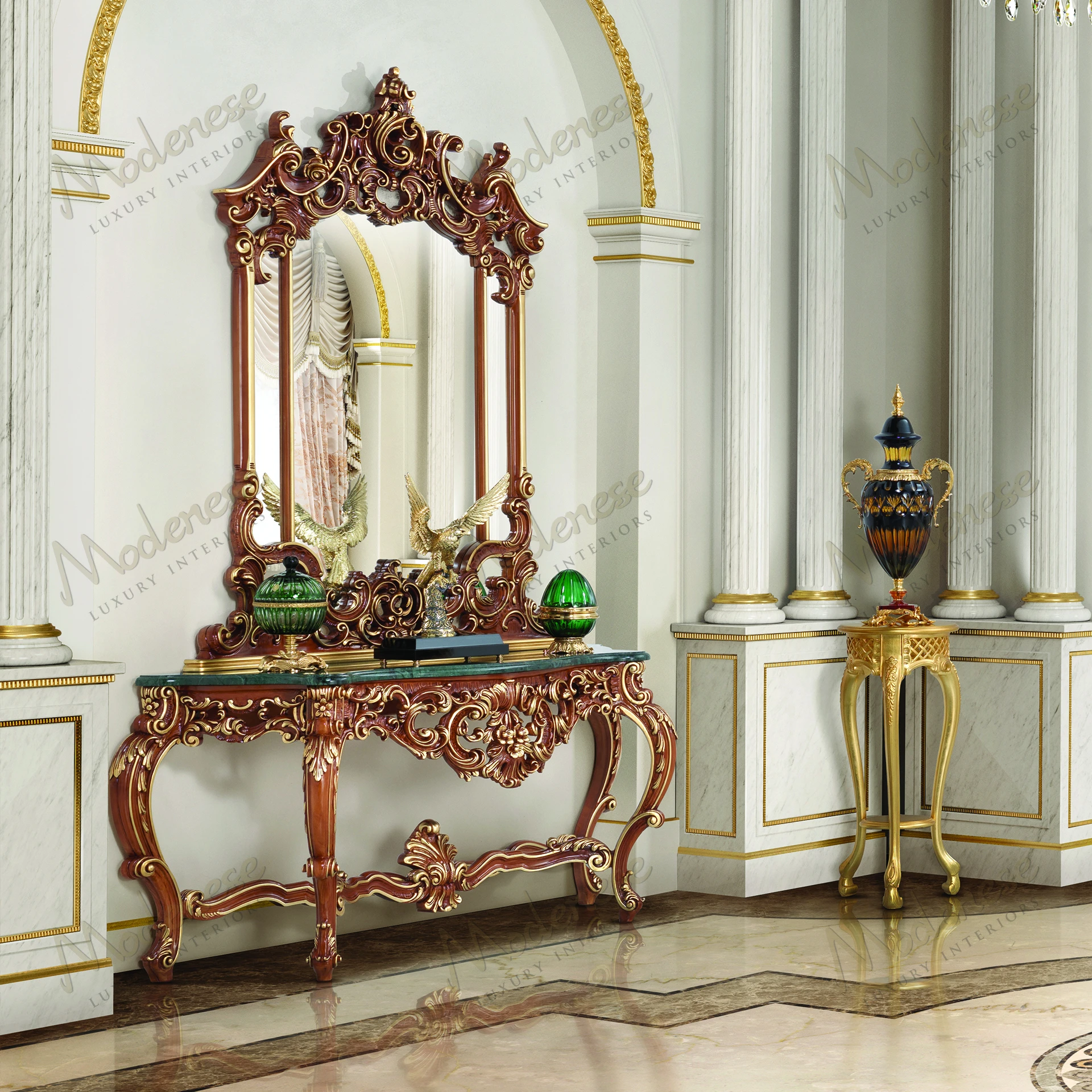 Elegant Royal Blend Walnut Mirror with wood frame, classic walnut finish, gold leaf accents, and sleek design Perfect for refined, accessible decor