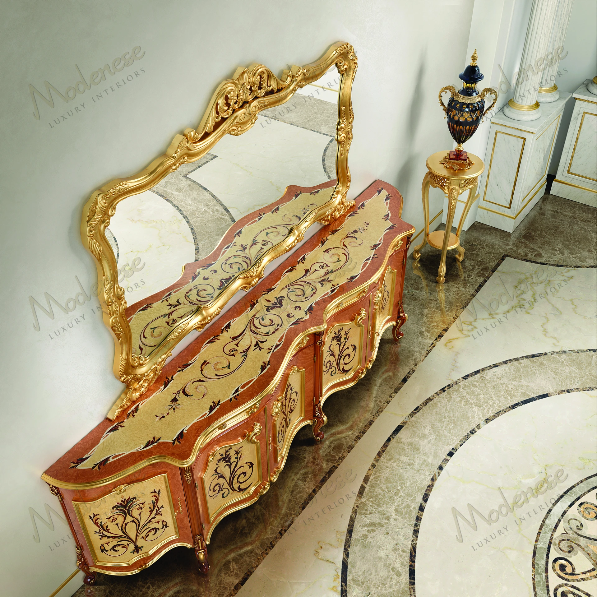 Royal Blend Grand Mirror with full gold leaf finish, no fabric textures, featuring a unique artistic design Shiny, luxurious appearance in an elegant frame