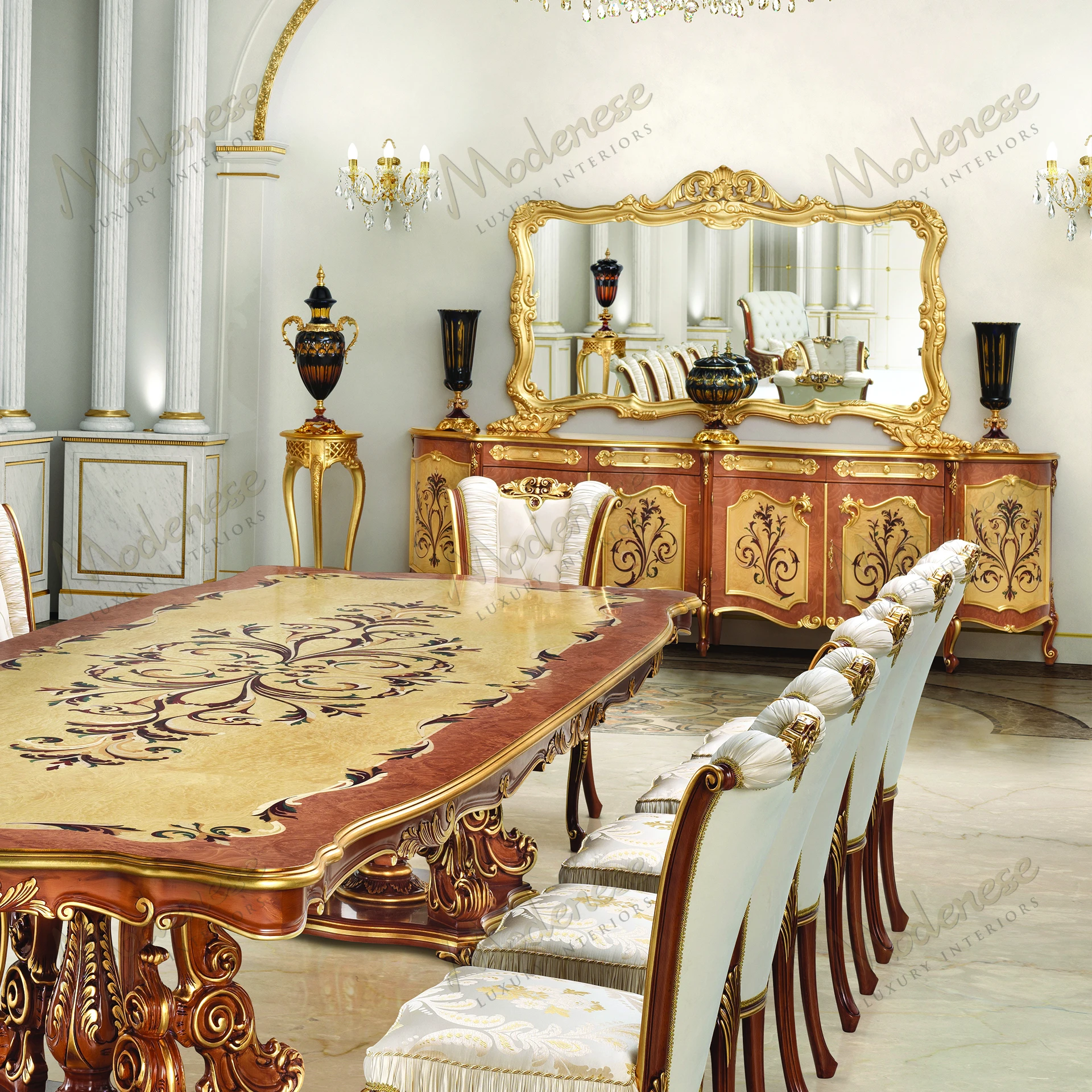 Elegant Royal Blend Grand Mirror with a wood frame, full gold leaf finish, reflecting light beautifully; sleek design enhances any room's aesthetic