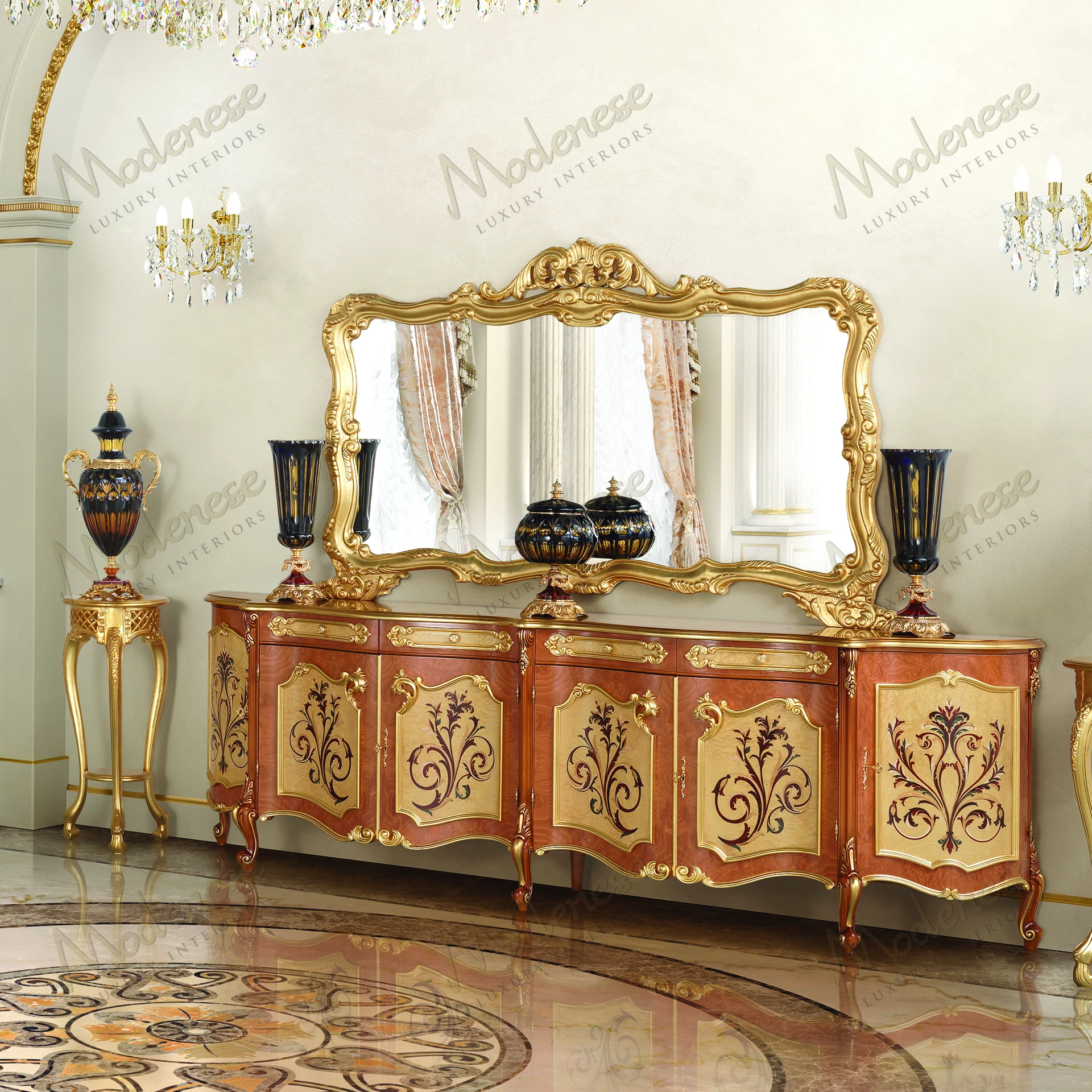 Elegant Royal Blend Grand Mirror with full gold leaf finish, no fabric, luxurious design Reflects opulence and style in any space