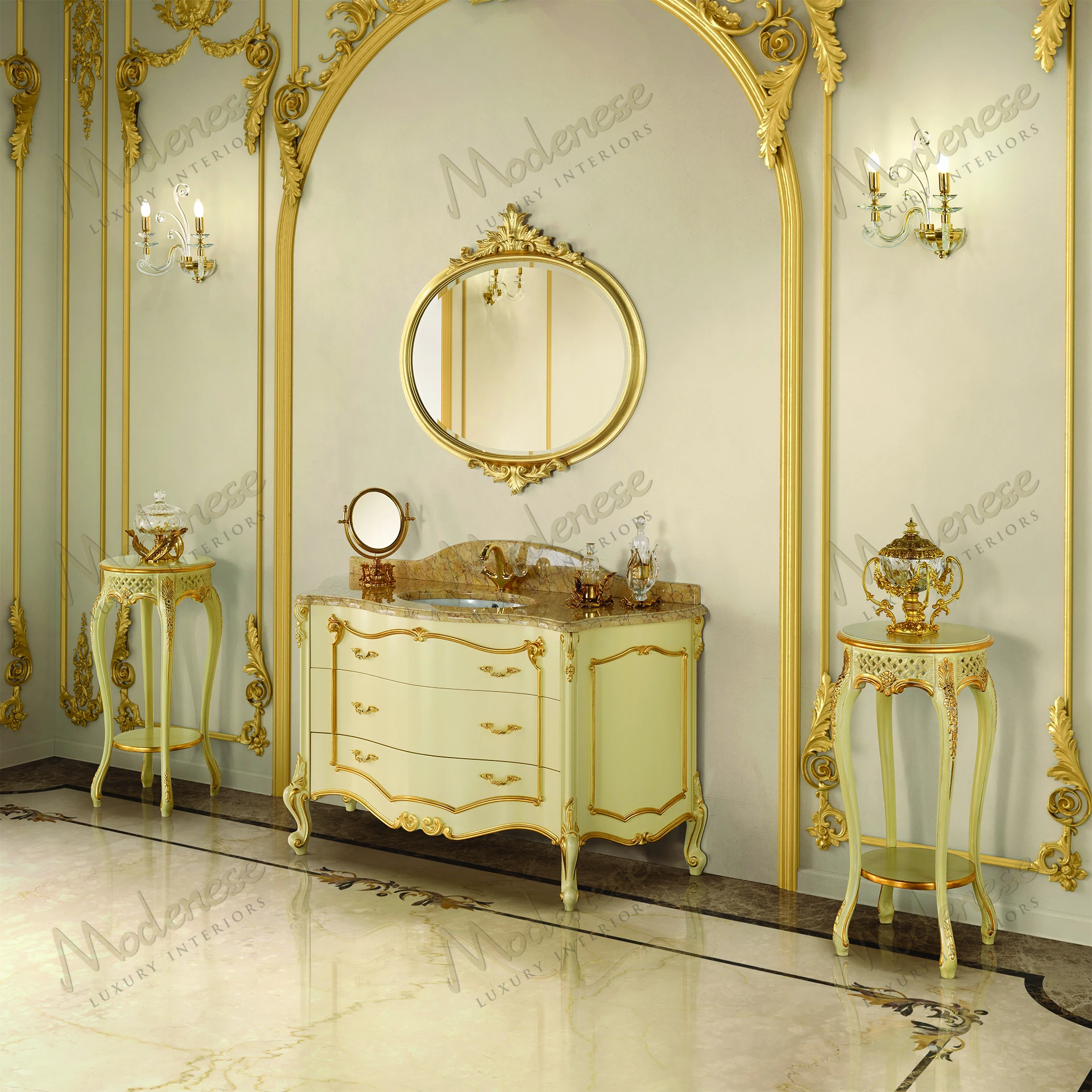 A round mirror with a cozy, textured frame, no fabric upholstery, reflecting a soft, ethereal glow in a minimalist setting