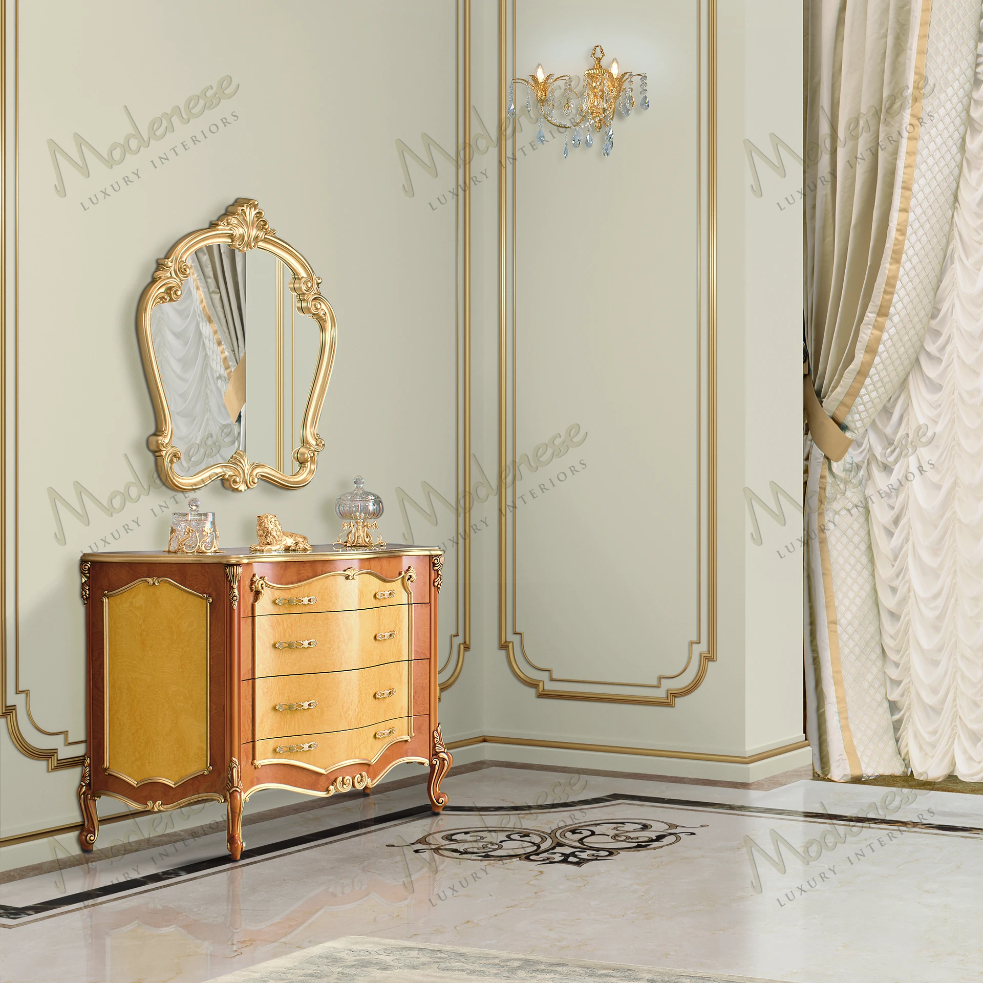Ornate Royal Blend Baroque mirror with wood frame, full gold leaf finish, and sleek design reflecting elegance and sophistication