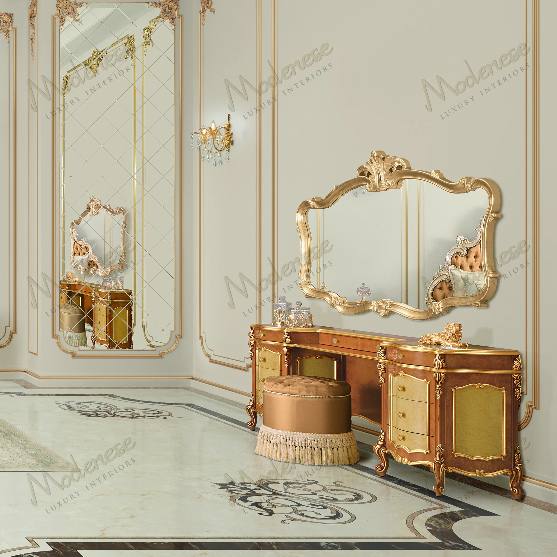 Royal Blend Wall Mirror with a luxurious full gold leaf finish, reflecting elegance and style