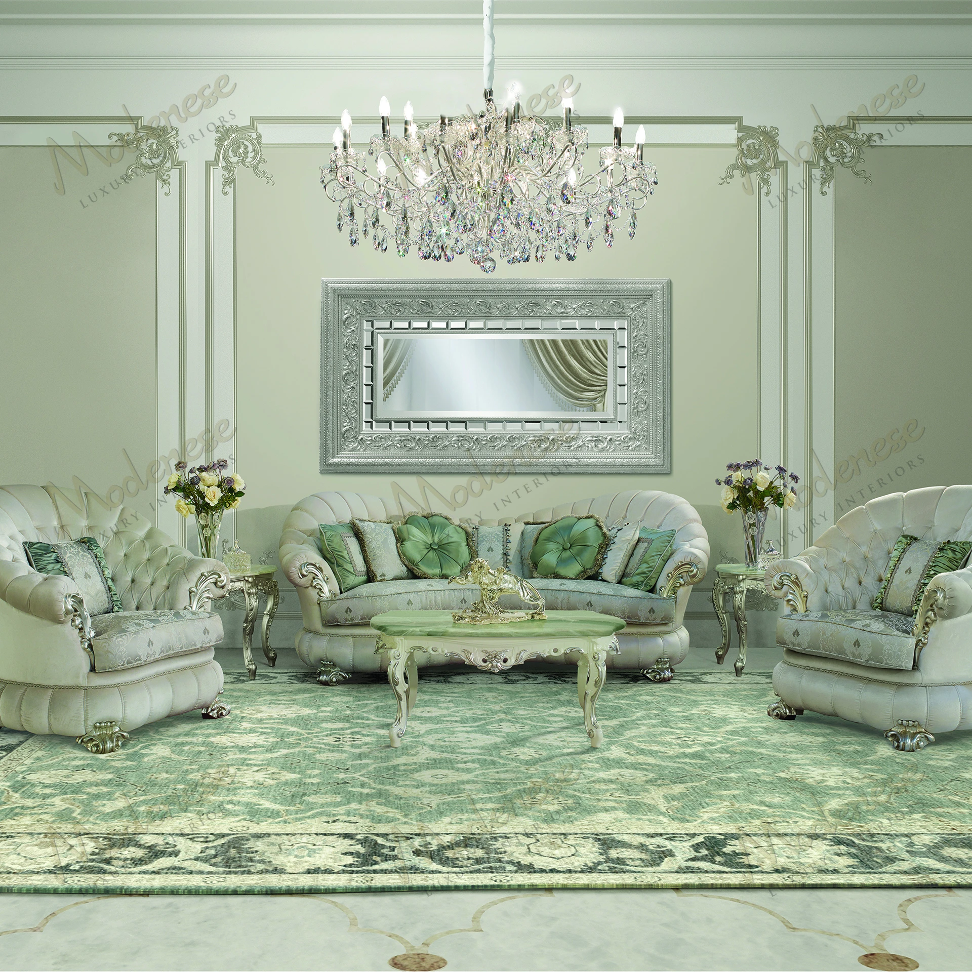 Rectangular mirror with a full silver leaf finish, elegant style, reflecting light beautifully in a sleek, modern design