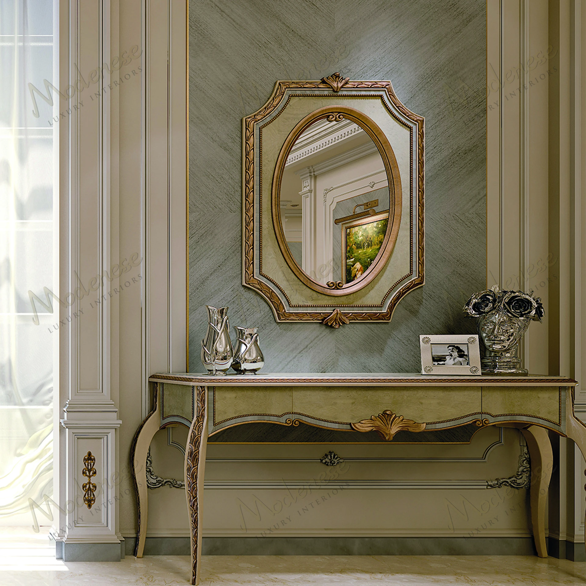 Timeless mirror design with ivory, light blue, and gold leaf finishes