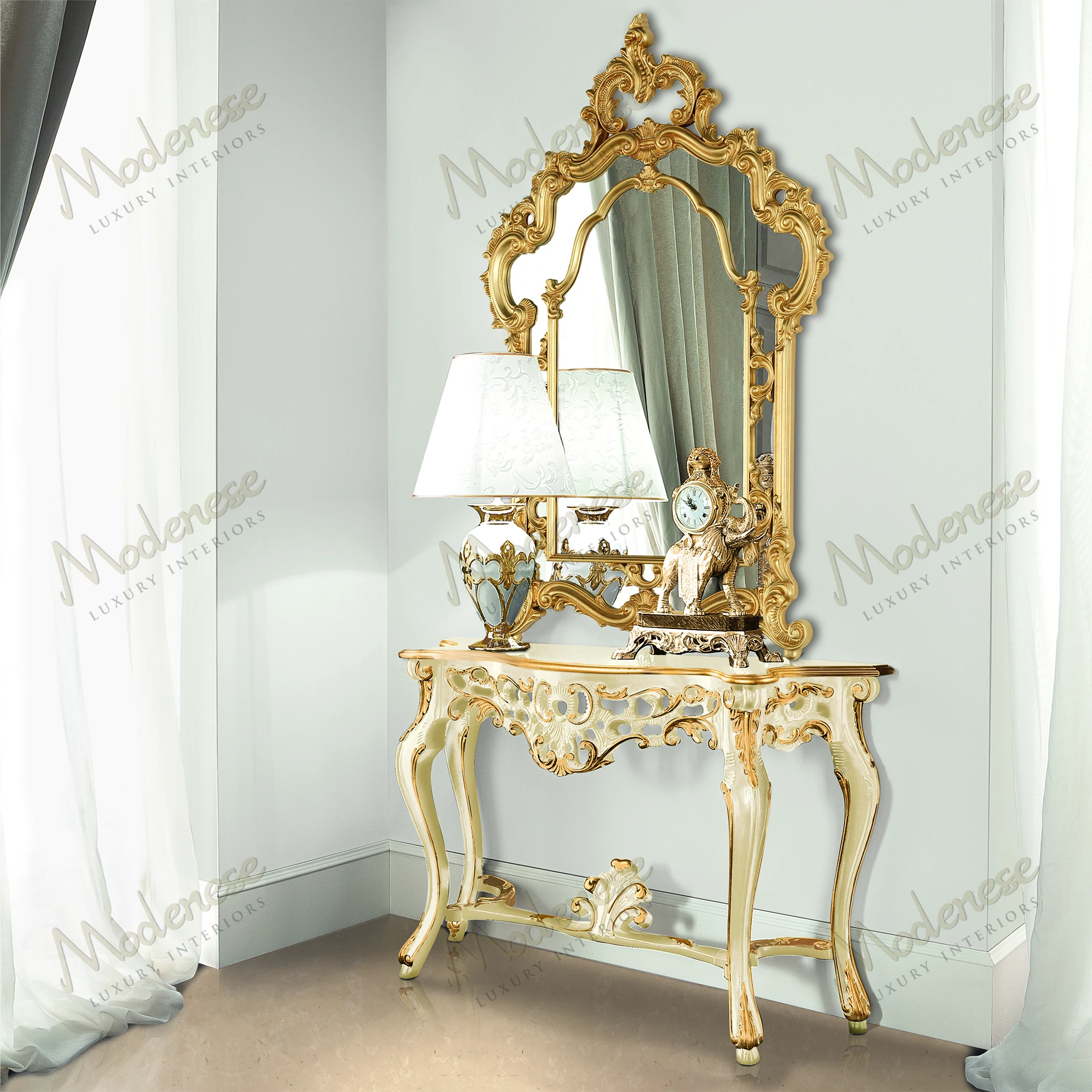 Golden Haze Mirror with an Ivory lacquered finish, gold leaf detailing, and elegant design, reflecting light beautifully..