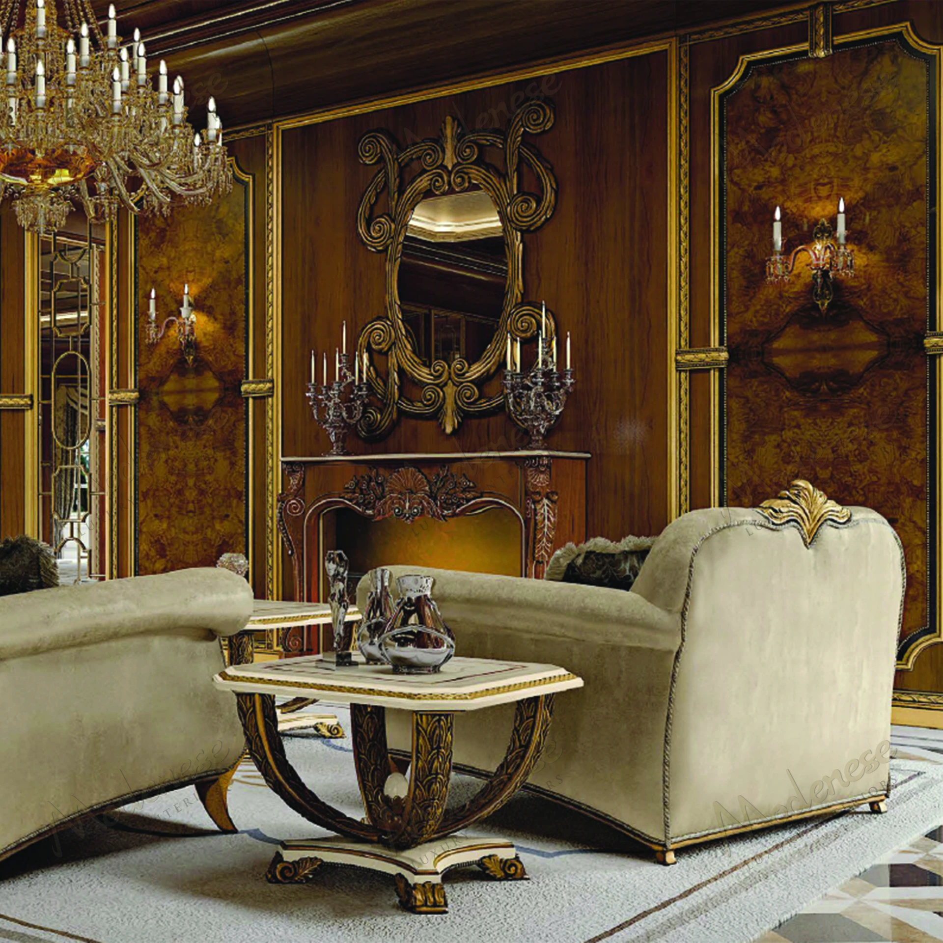 Elegant Heritage Harmony Mirror with full antiqued gold leaf finish, showcasing a classic design and ornate detailing..