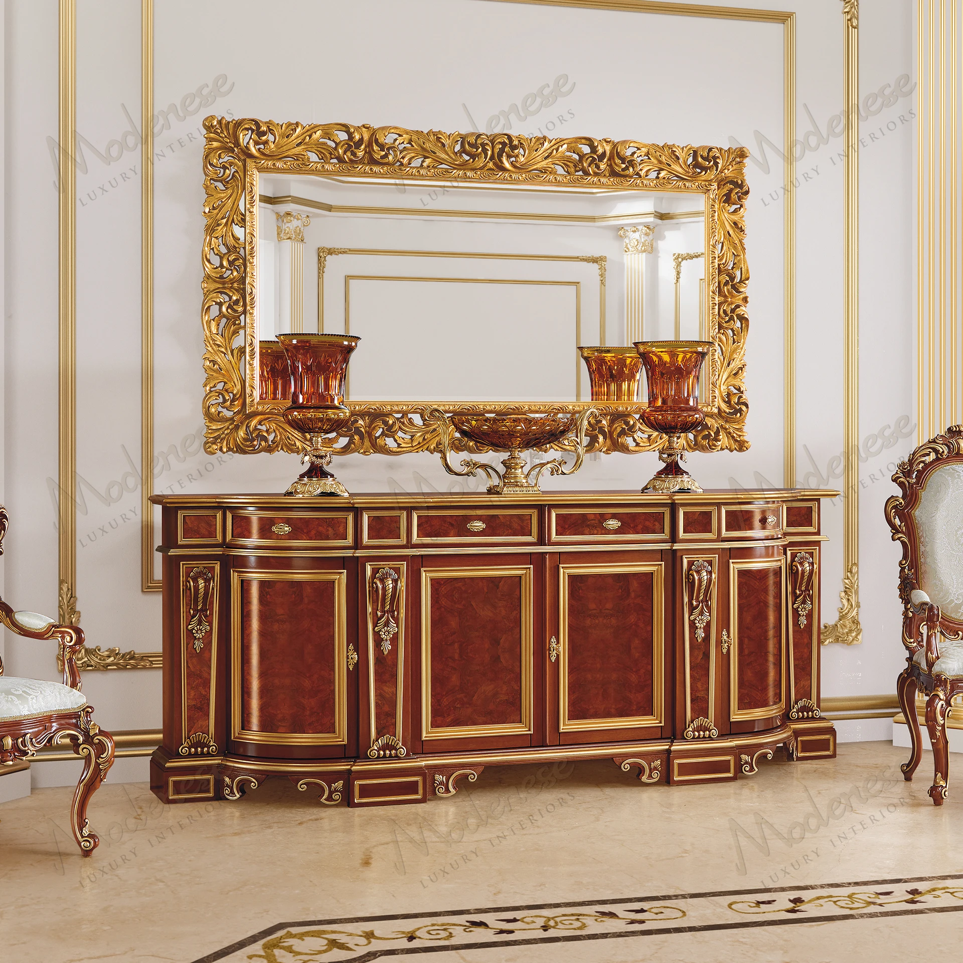 "Ornate carved mirror with symmetrical design, no upholstery, features a cozy texture. Perfect for adding elegance and charm to any space.".