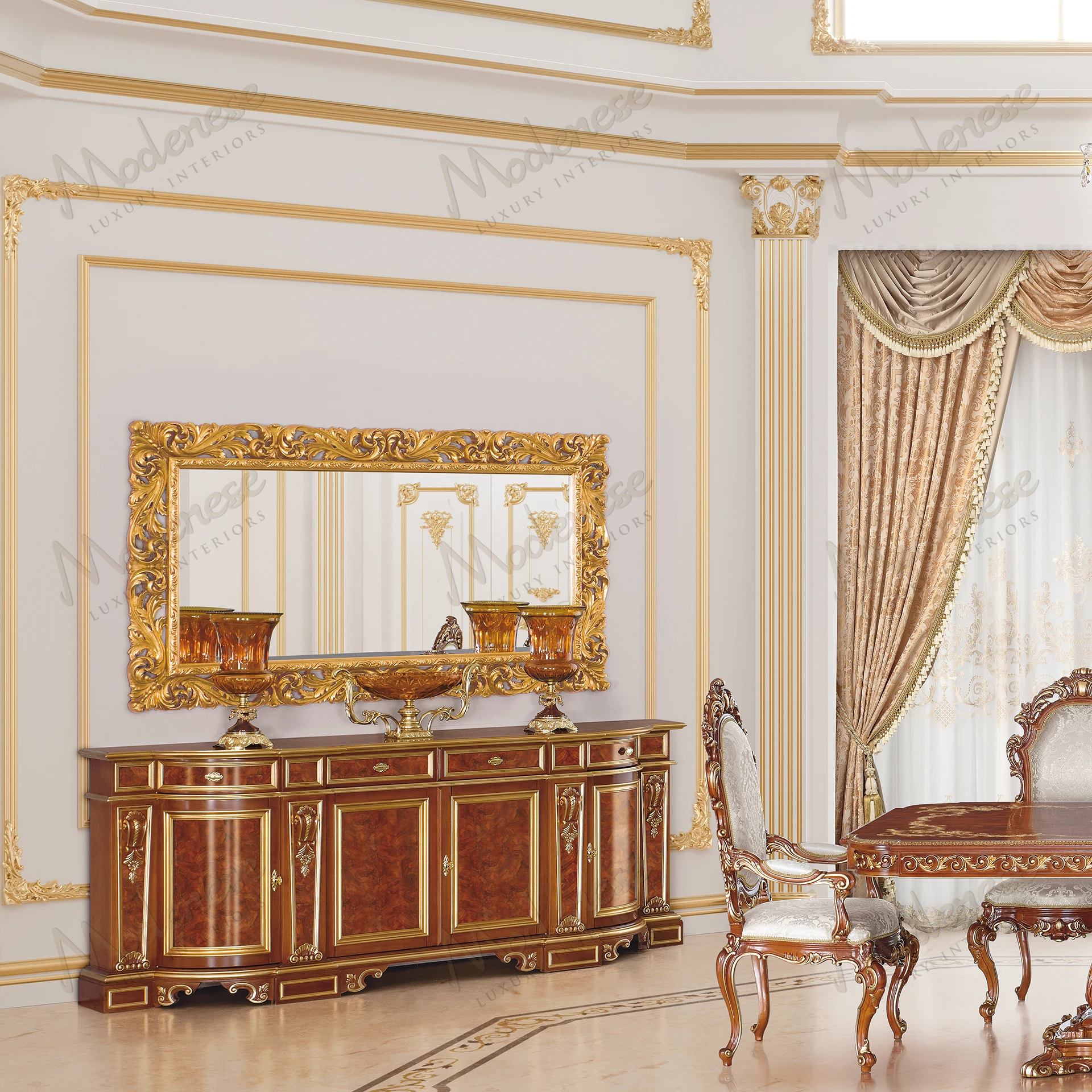 Luxurious Carved Symmetry Mirror with full gold leaf finish, reflecting opulence and elegance. No fabric, intricate symmetrical design enhances visual appeal..