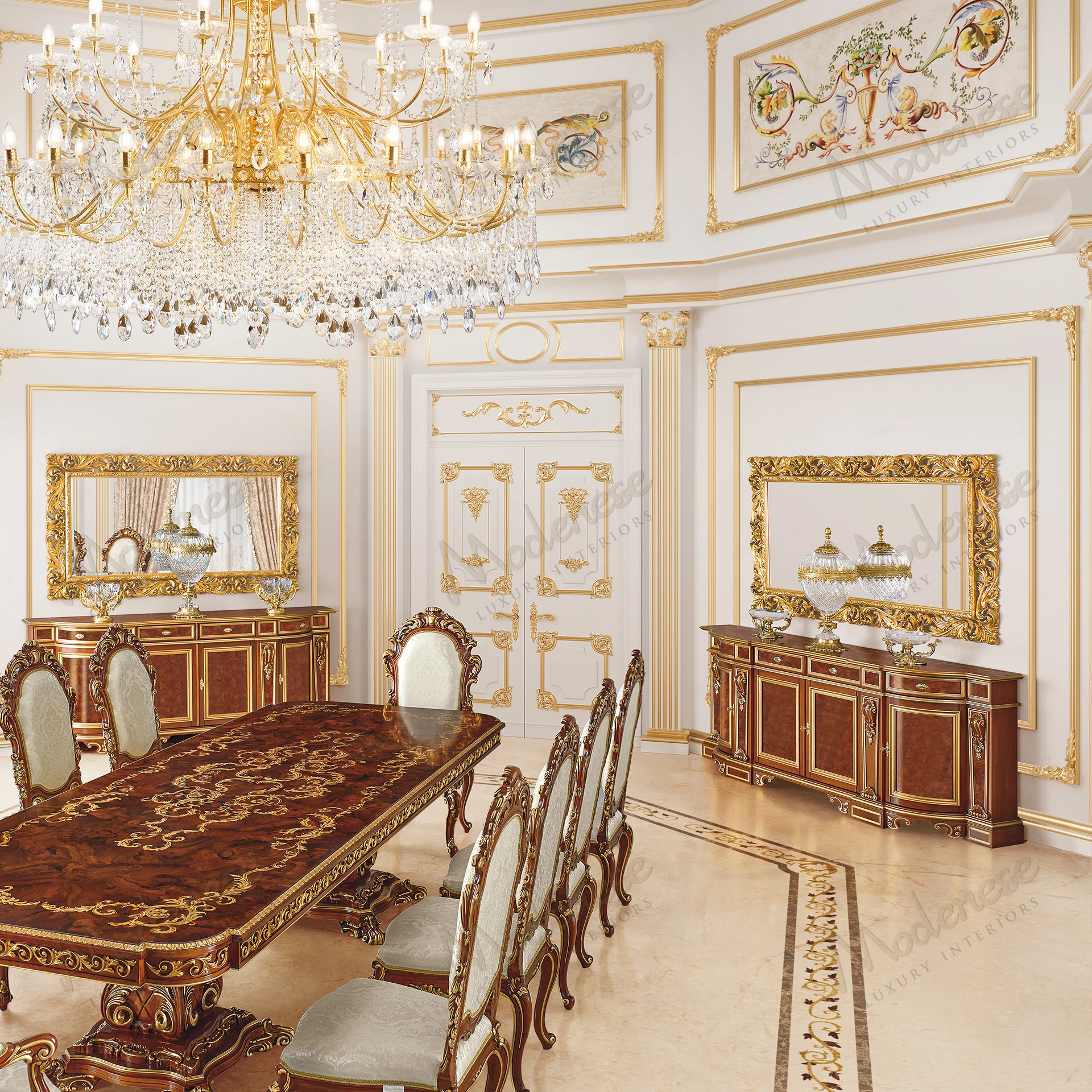 Ornate wooden mirror with symmetrical carvings, full gold leaf finish, sleek design. Reflects light elegantly. Accessible for visually impaired users..