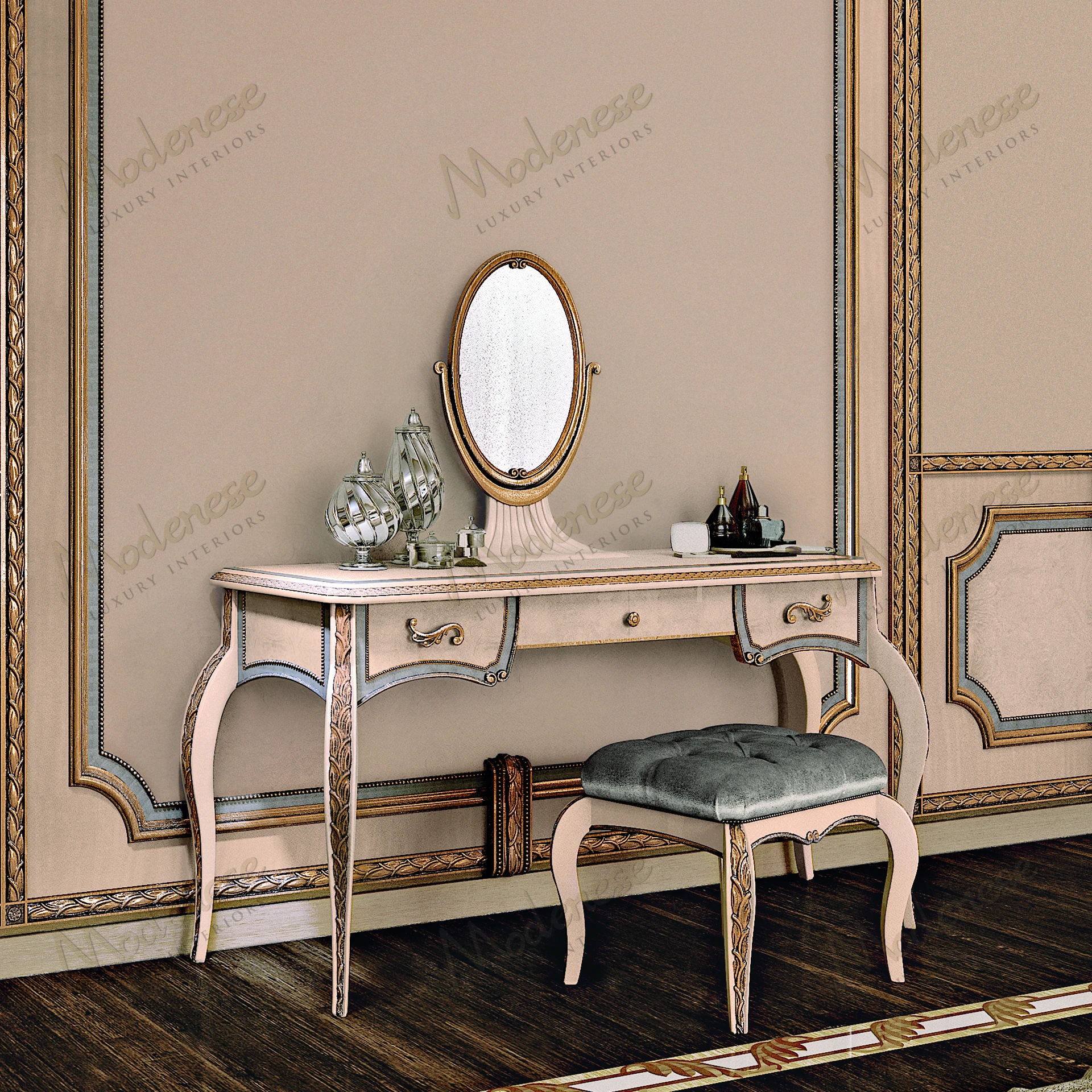 Ivory lacquered toilette mirror with antiqued gold leaf finish, elegant design, reflecting light beautifully. Perfect for enhancing any room's decor..