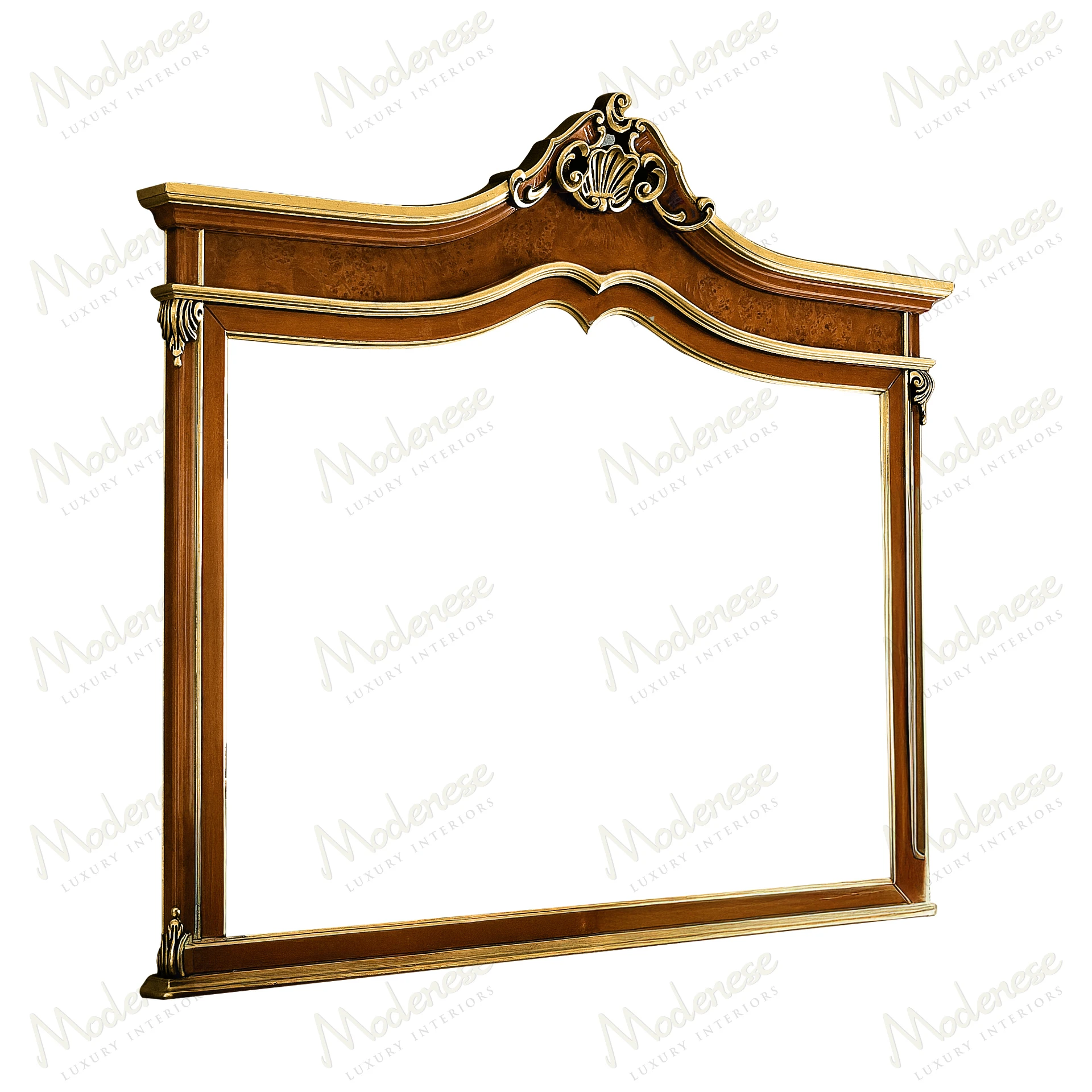 Elegant Golden Shade Mirror with classic walnut finish, gold leaf accents, and radica version finish. Reflects timeless style and sophistication..