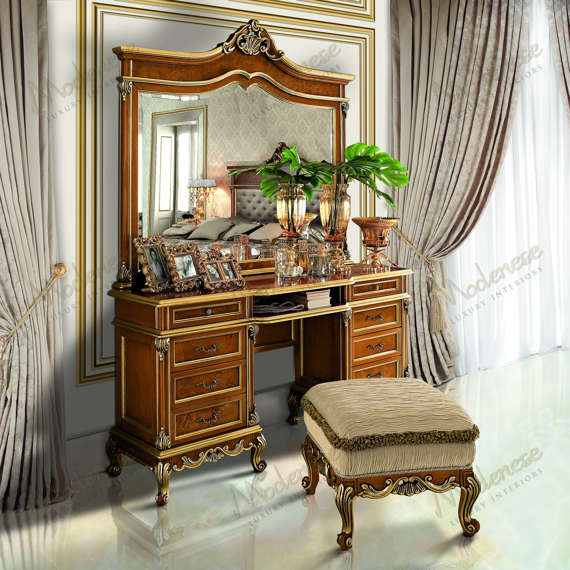 Golden Shade Mirror with wood frame, classic walnut finish, gold leaf details, and radica tones. Sleek and elegant design..