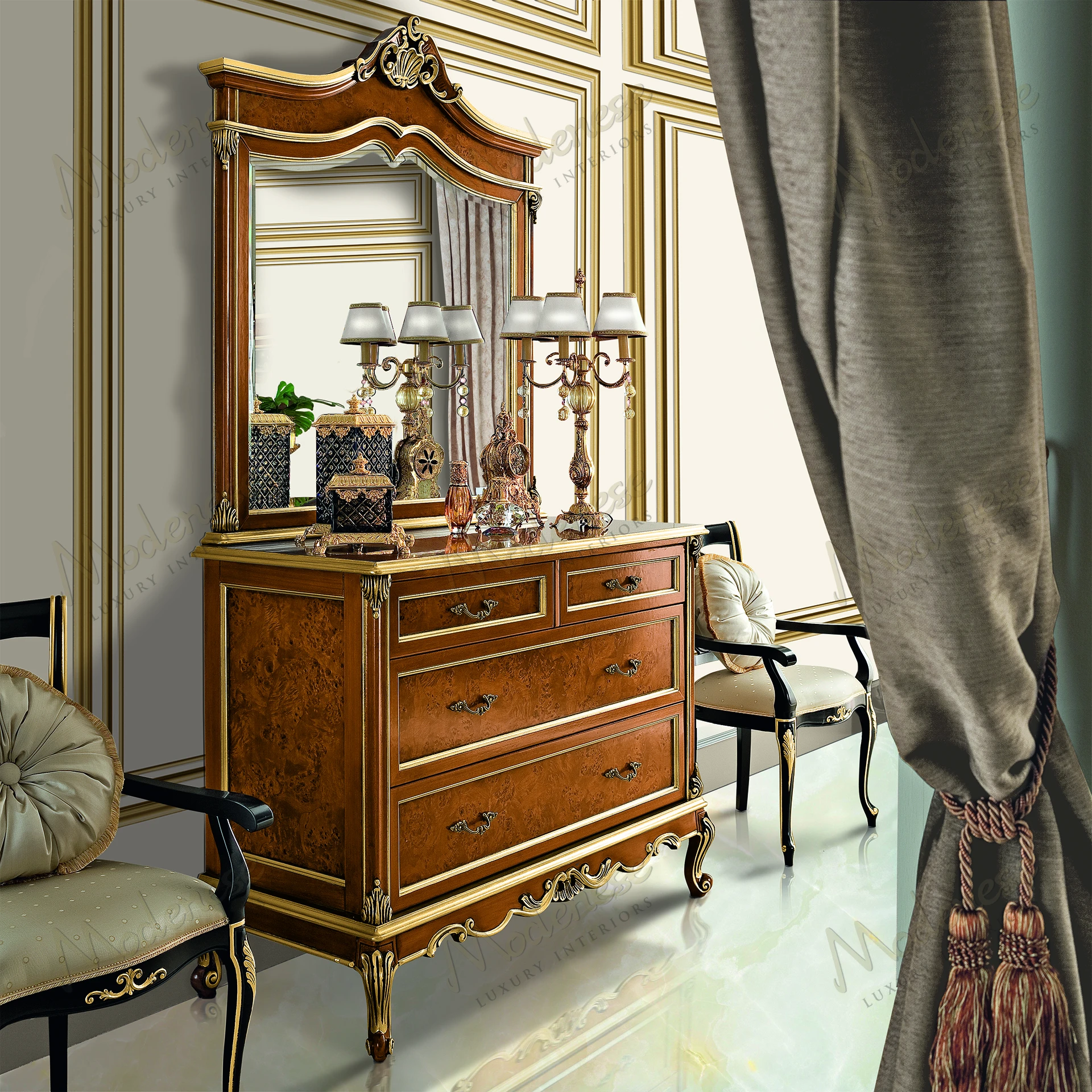 Elegant mirror with golden shade, classic walnut finish, gold leaf details, and radica finish. Reflects a sophisticated and timeless style..