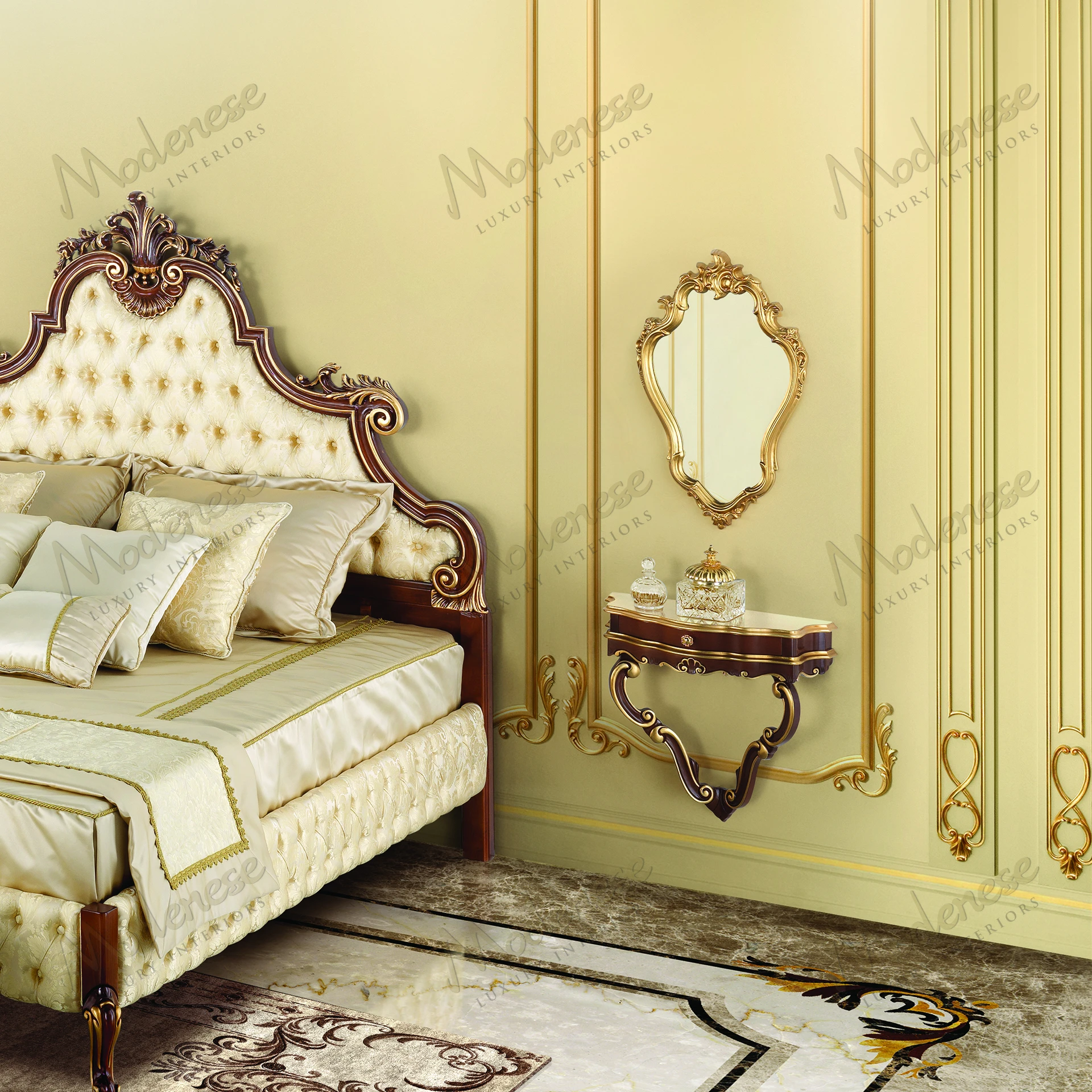 Luxury Glow Mirror with wood frame, full gold leaf finish, sleek design; reflects elegance and style..