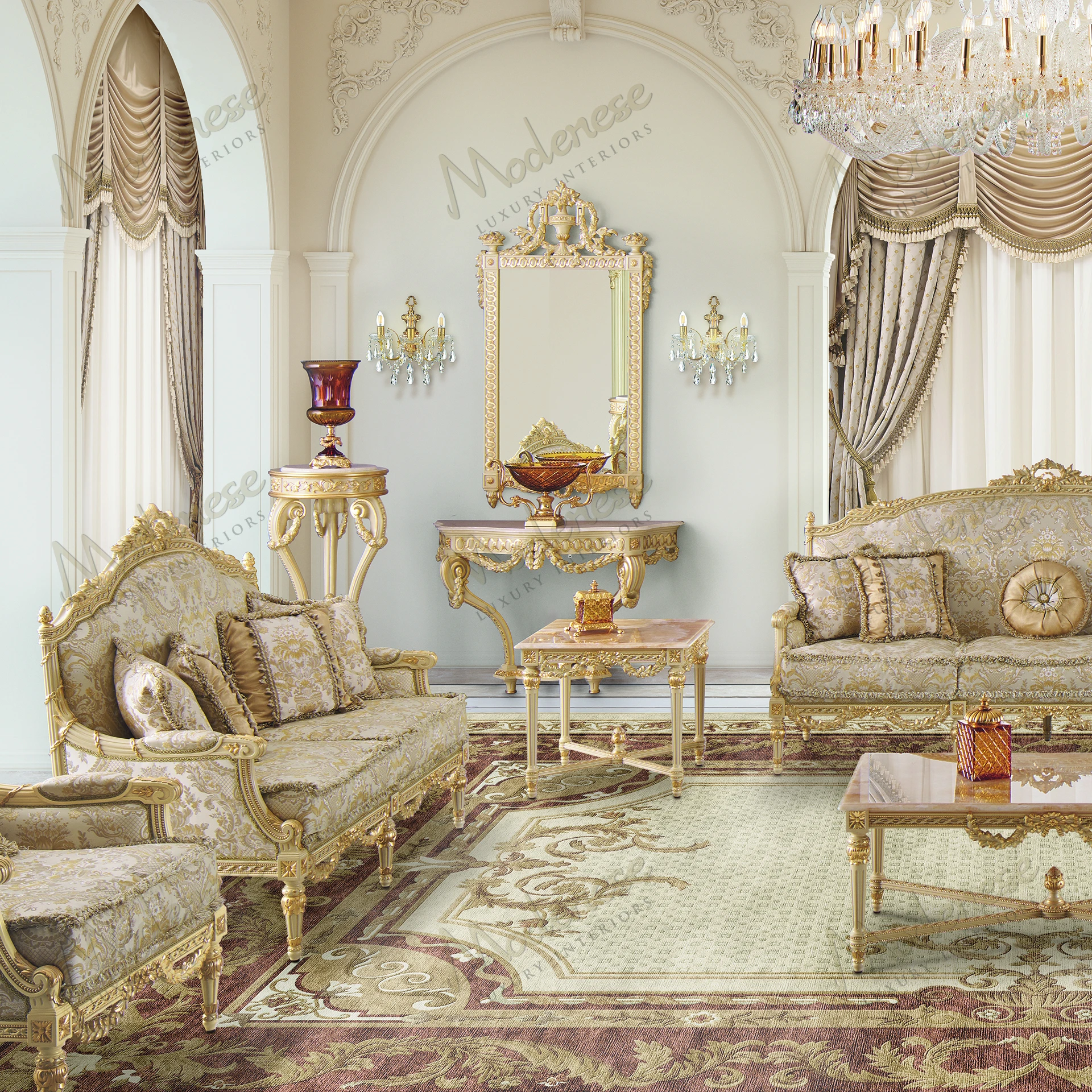 Elegant Imperial Majesty Mirror with an ivory lacquered finish and gold leaf details, exuding a luxurious feel No fabric elements included