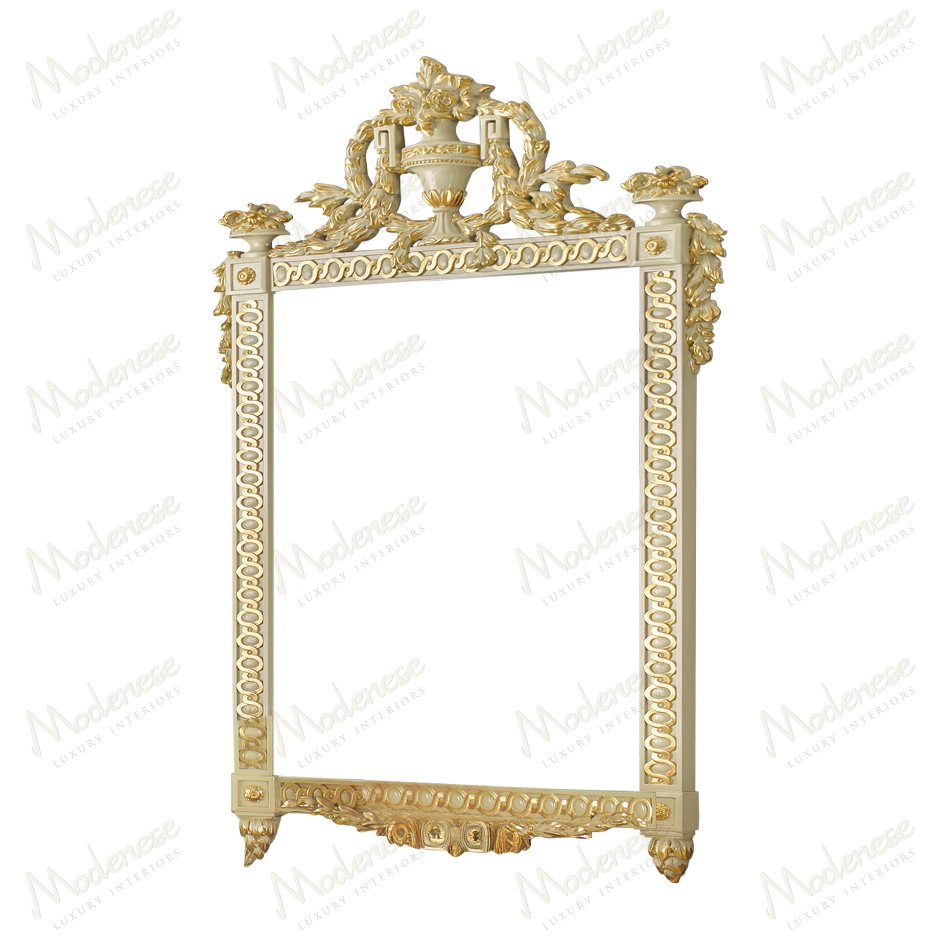 Elegant mirror with ivory lacquered finish and gold leaf details, showcasing a classic style Perfect for sophisticated interiors