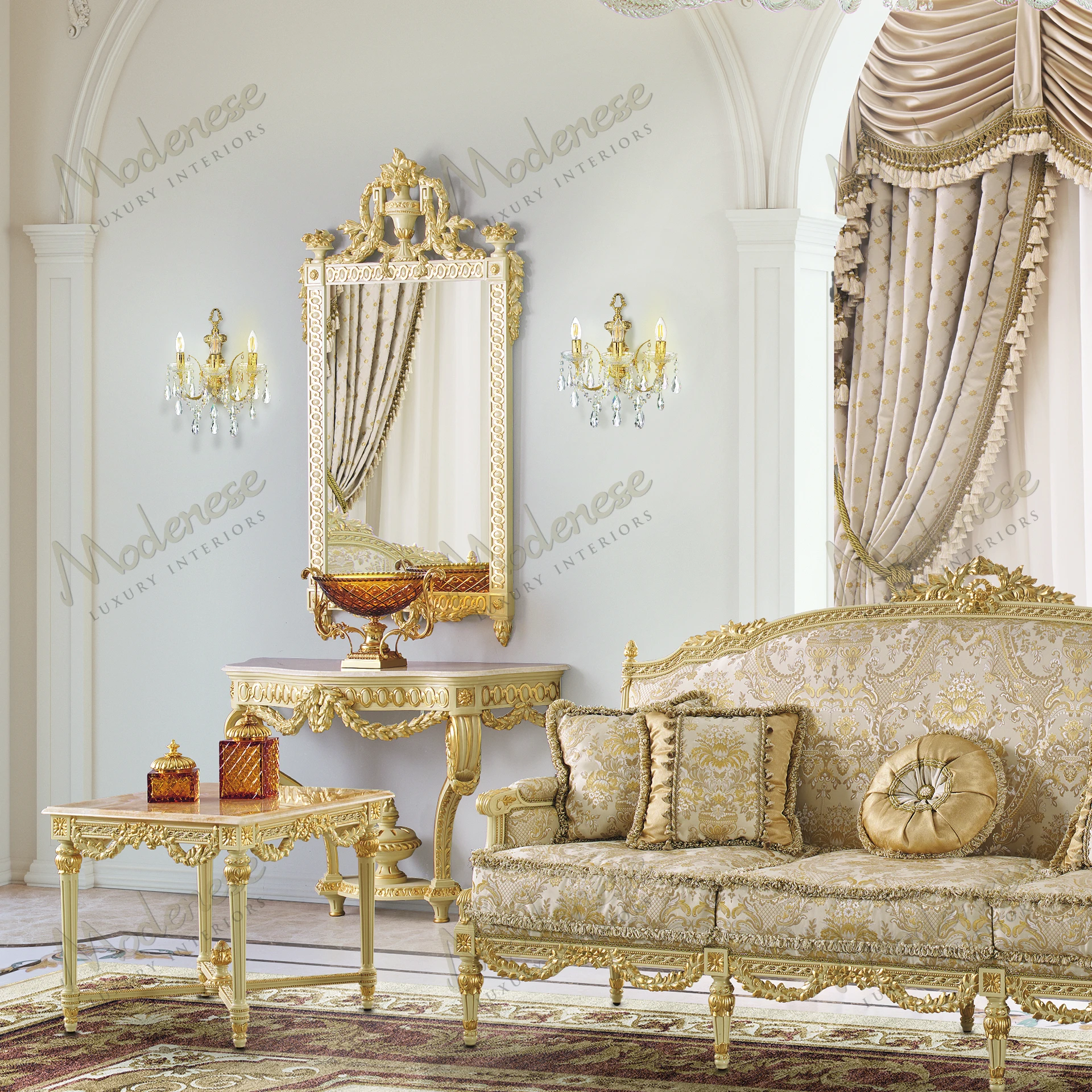 Ivory lacquered Imperial Majesty Mirror with gold leaf details, featuring an artistic design Smooth surface with no fabric textures