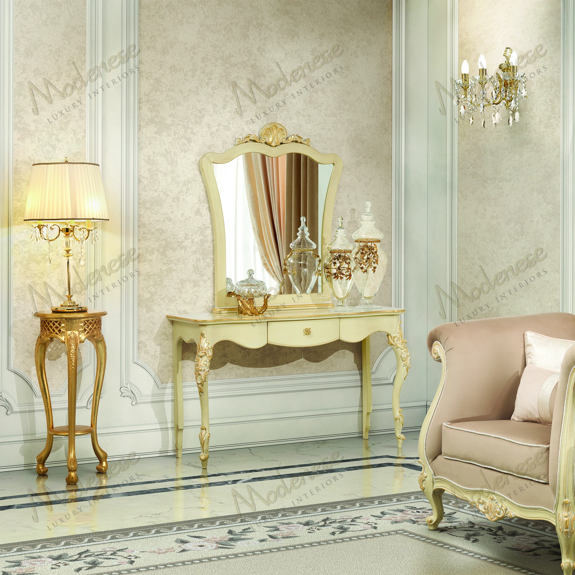 Elegant Timeless Serenity Mirror with ivory lacquered finish and gold leaf details, showcasing a classic design Perfect for a sophisticated interior setting
