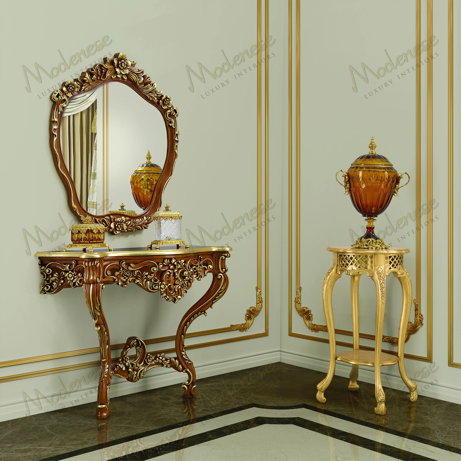 A classic walnut and gold leaf mirror with a wooden frame, offering a sleek, elegant design