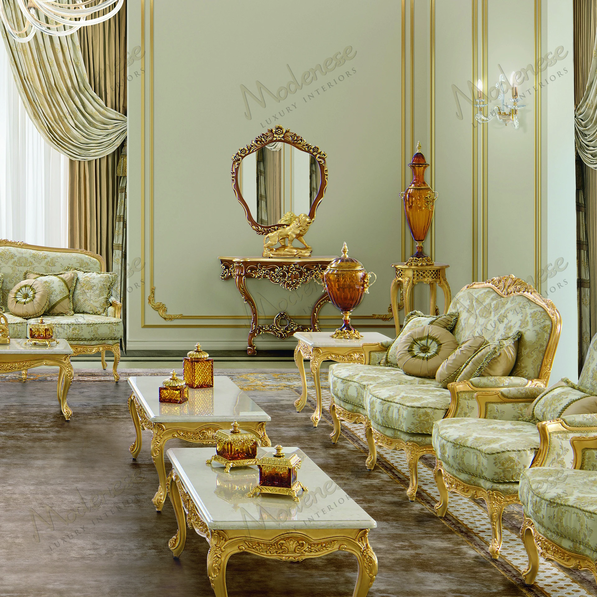 A luxurious Palatial Elegance Mirror with a classic walnut finish and gold leaf details, exuding an opulent and timeless style