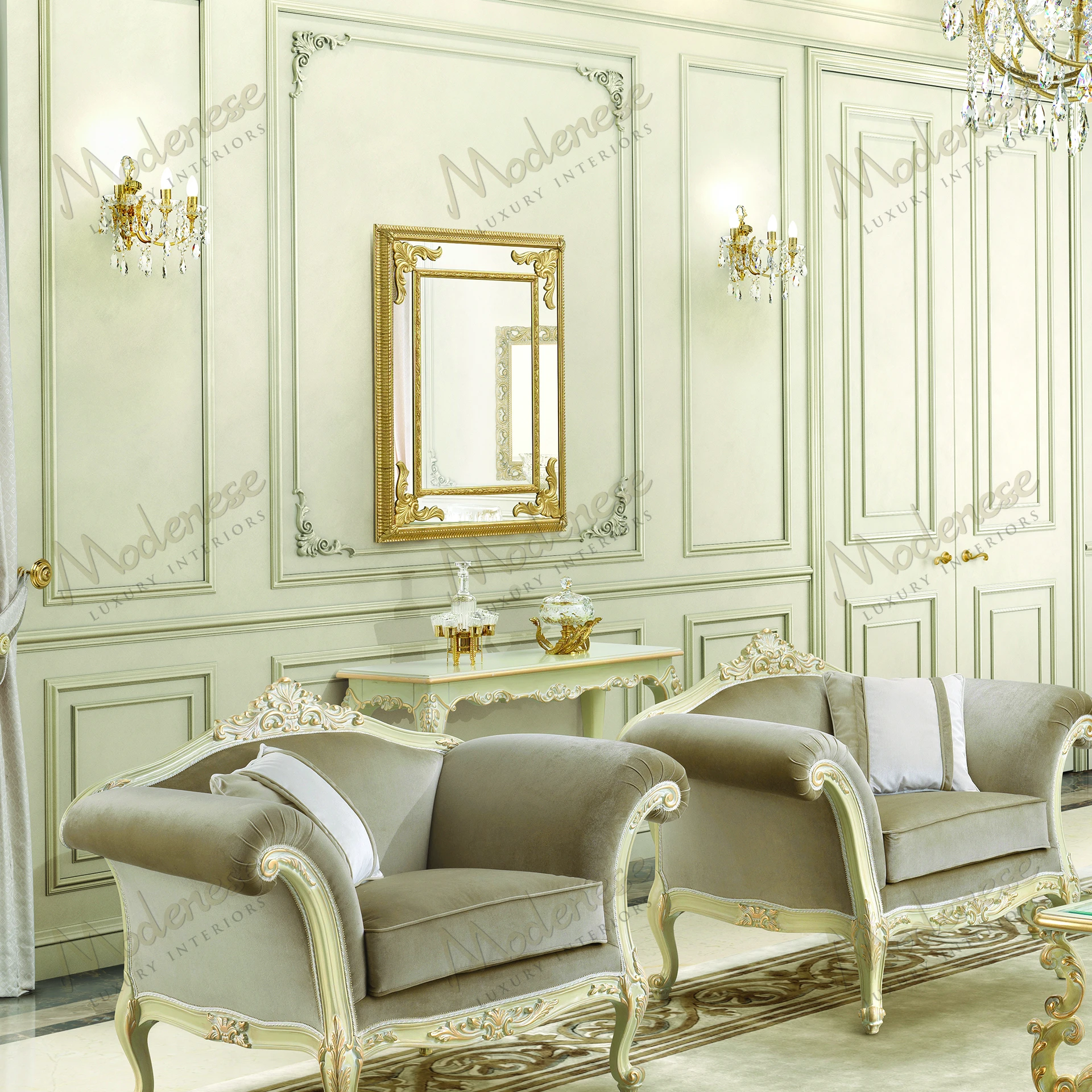 Elegant wooden mirror with full gold leaf finish, sleek design, reflecting timeless grace and sophistication Perfect for adding luxury to any space