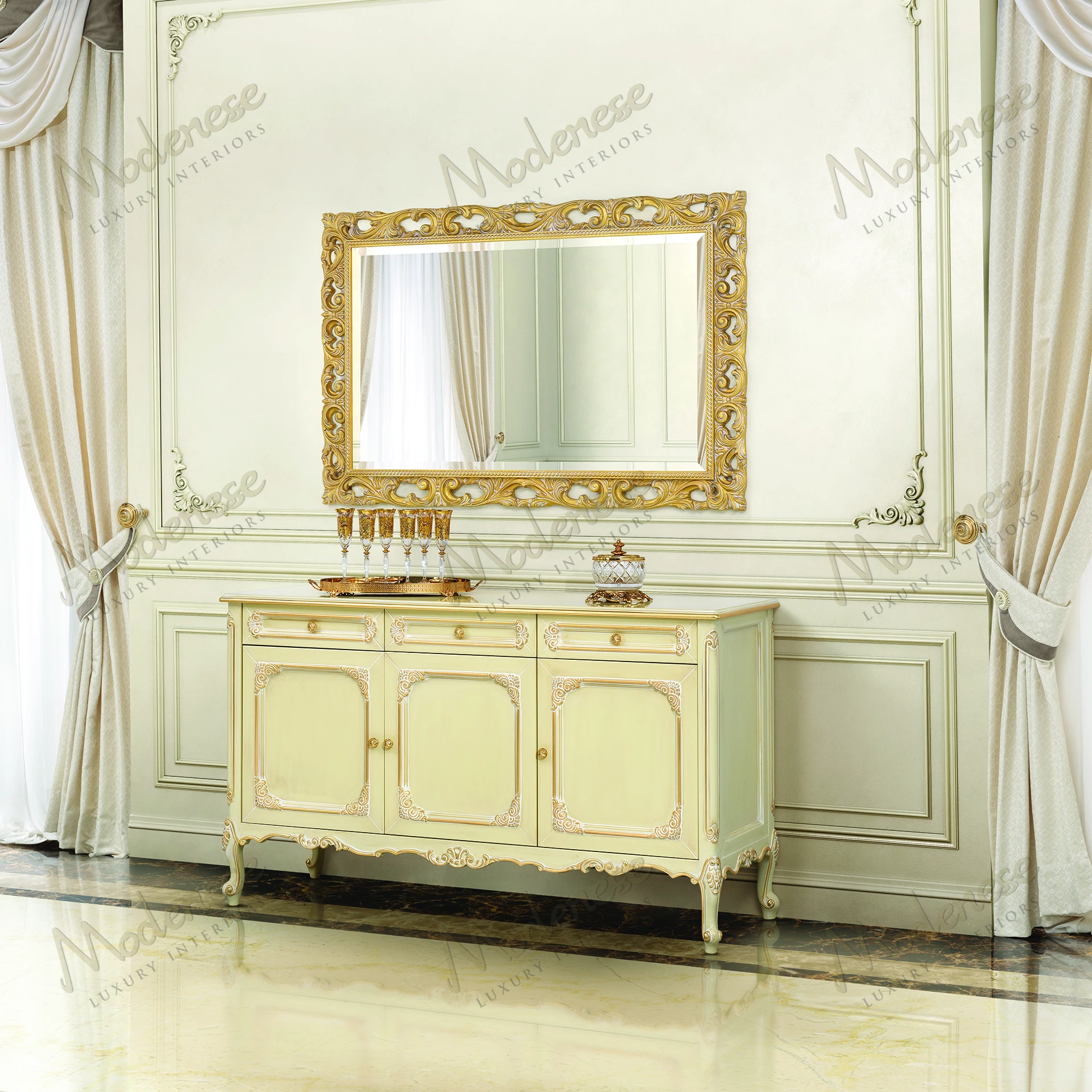 Elegant Timeless Grace Shaped Mirror with full gold leaf finish, featuring a sleek, curved design for a sophisticated touch