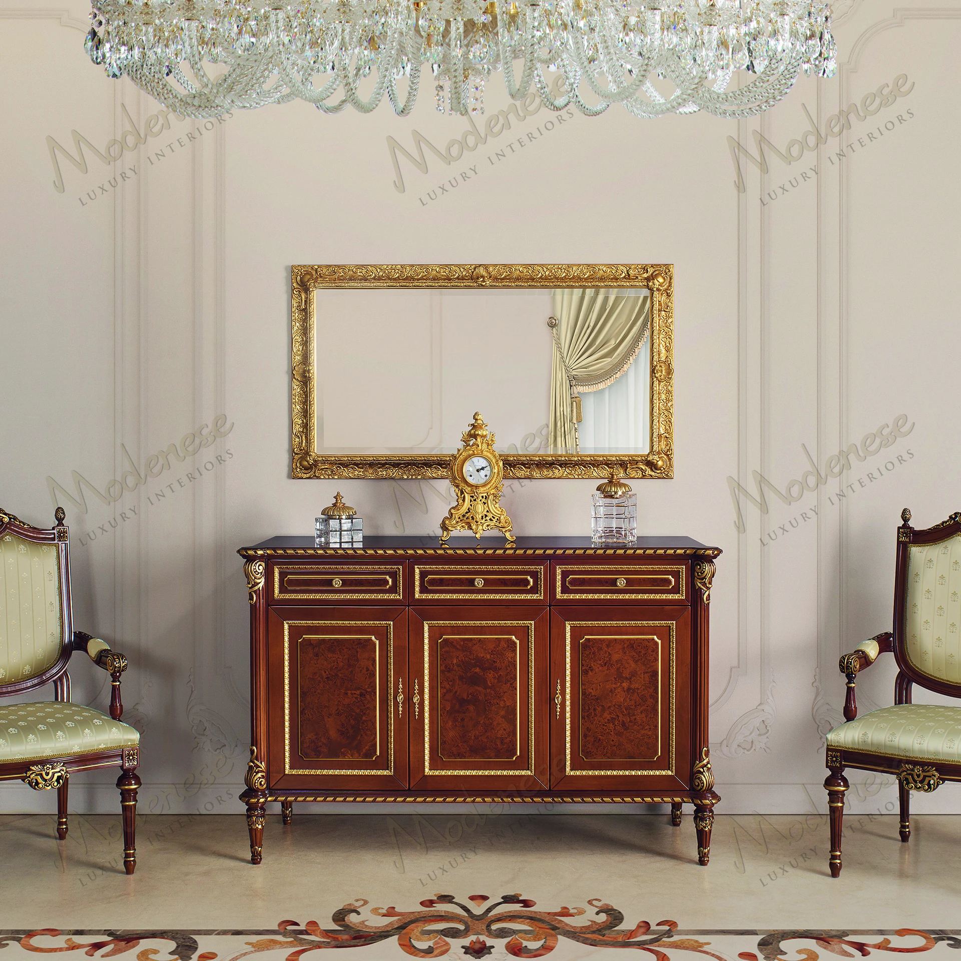Elegant Elite Rectangular Mirror with a full gold leaf finish, reflecting luxury and sophistication in any room setting