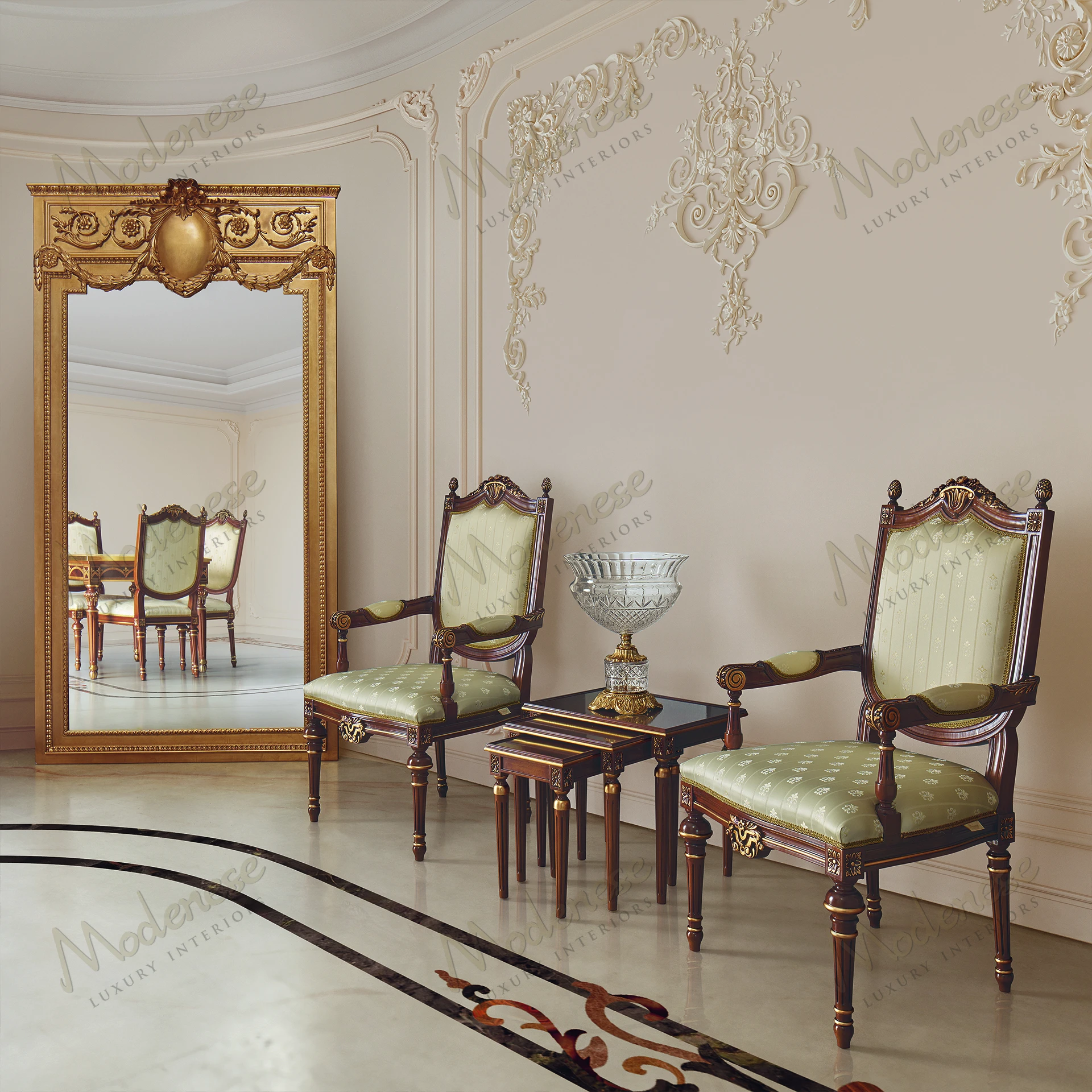 Elegant Elite Standing Mirror with full gold leaf finish, reflecting luxurious style Tall and rectangular, it adds sophistication to any room