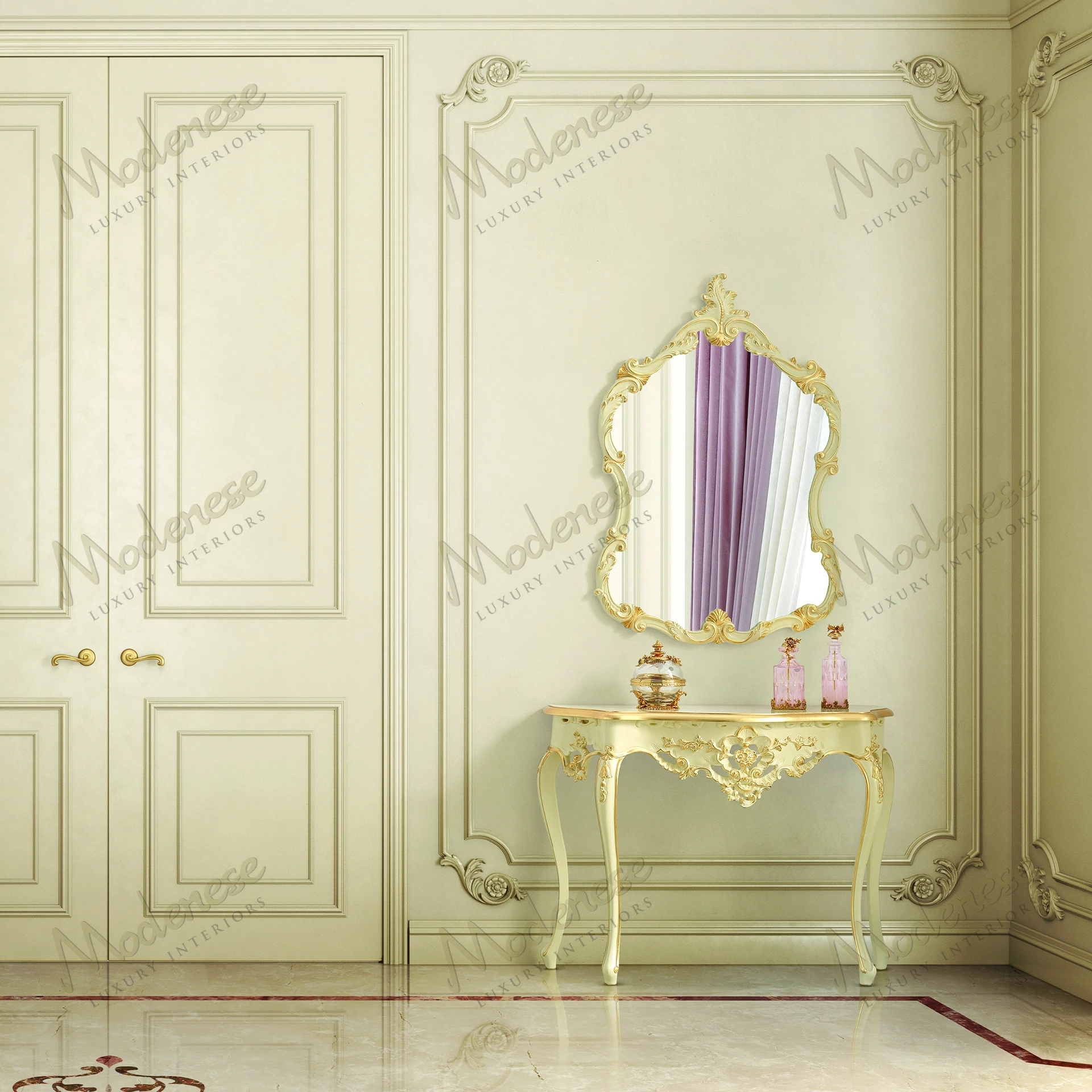 A cozy, fabric-free Aurora Charm Mirror with a textured surface, offering a modern and sleek design for any room