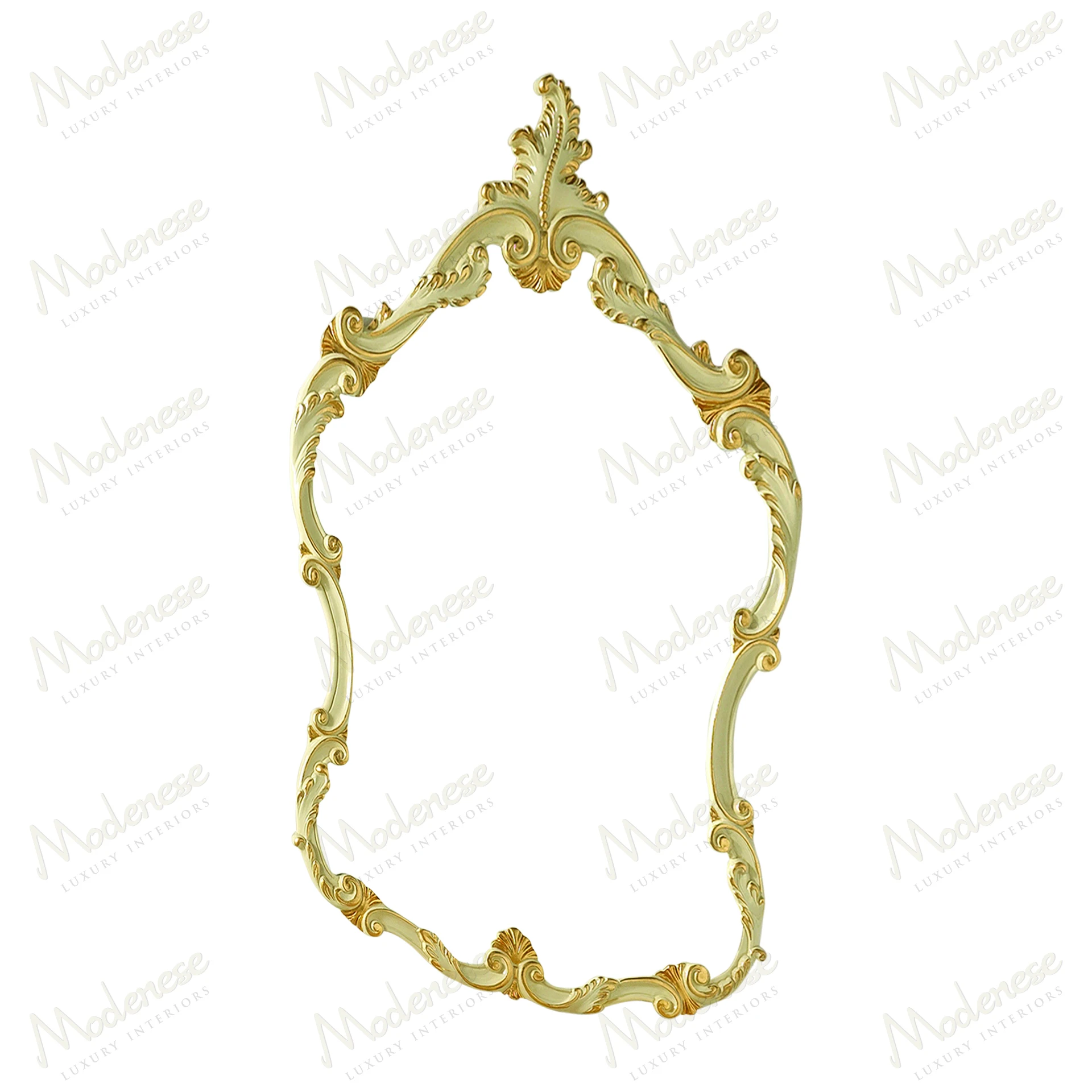 Ivory lacquered Aurora Charm Mirror with gold leaf accents, elegant design Reflective surface surrounded by ornate frame for luxurious touch