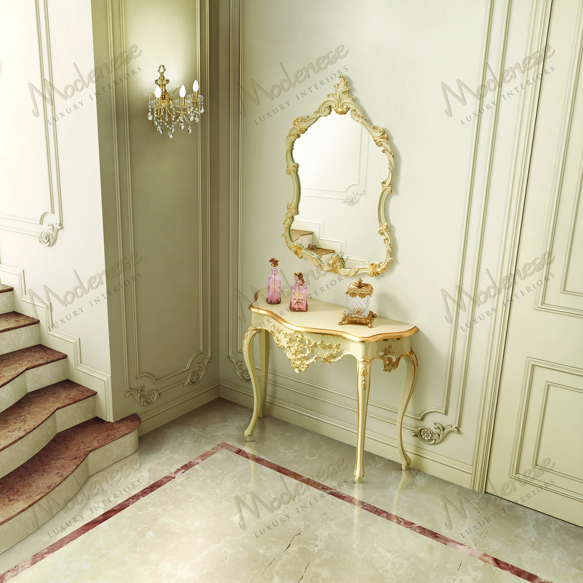 Elegant Aurora Charm Mirror with wood frame, ivory lacquer finish, and gold leaf accents Sleek, sophisticated design enhances any space