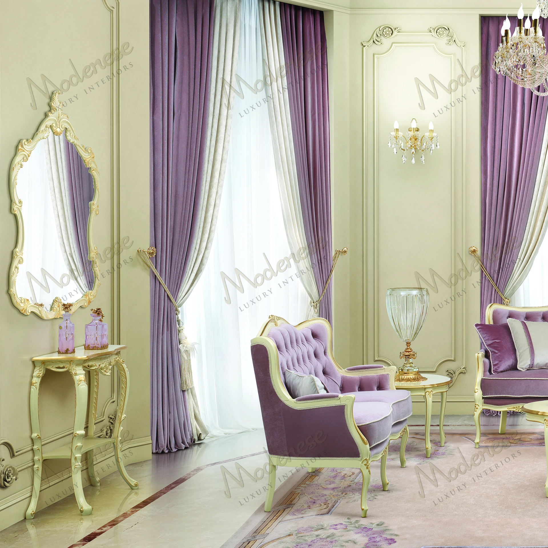 Elegant Aurora Charm Mirror with ivory lacquered finish and gold leaf details No fabric included Luxurious design enhances any room's decor