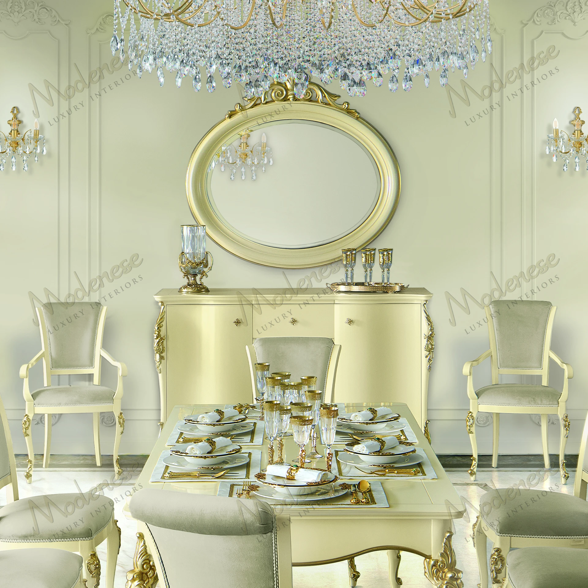 Elegant Essence Mirror with wooden frame, ivory lacquer finish, and gold leaf accents Sleek design enhances any space, reflecting light beautifully